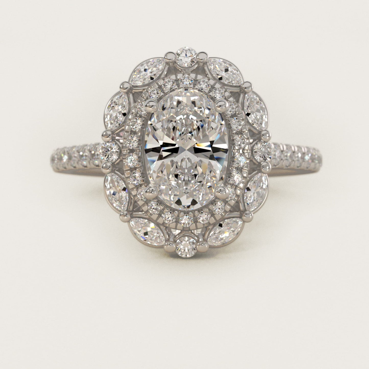 Romantic Diamond Floral Halo Engagement Ring in 14k White Gold (1/2 ct. tw.) - Oval Center