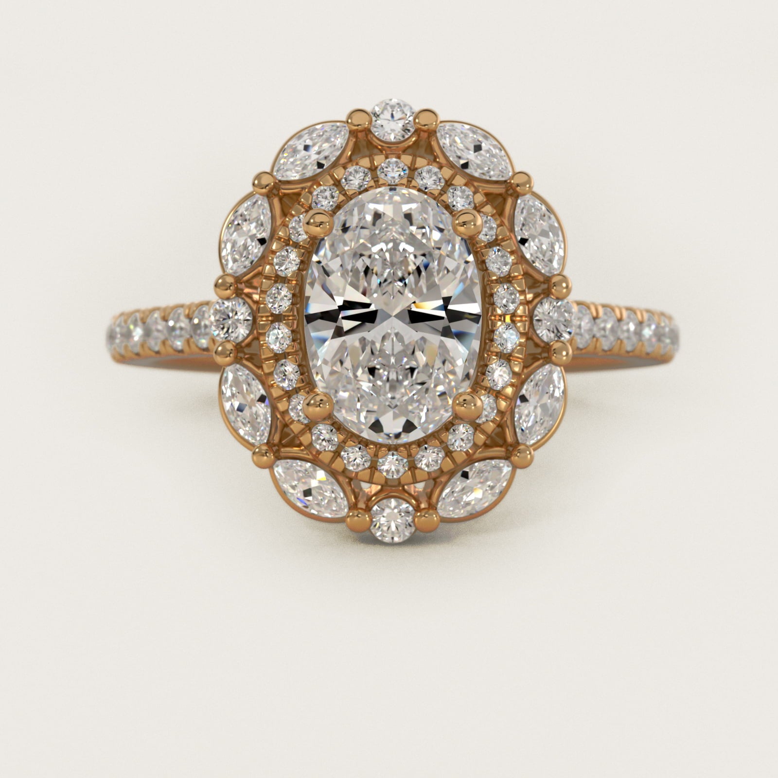 Romantic Diamond Floral Halo Engagement Ring in 14k Yellow Gold (1/2 ct. tw.) - Oval Center