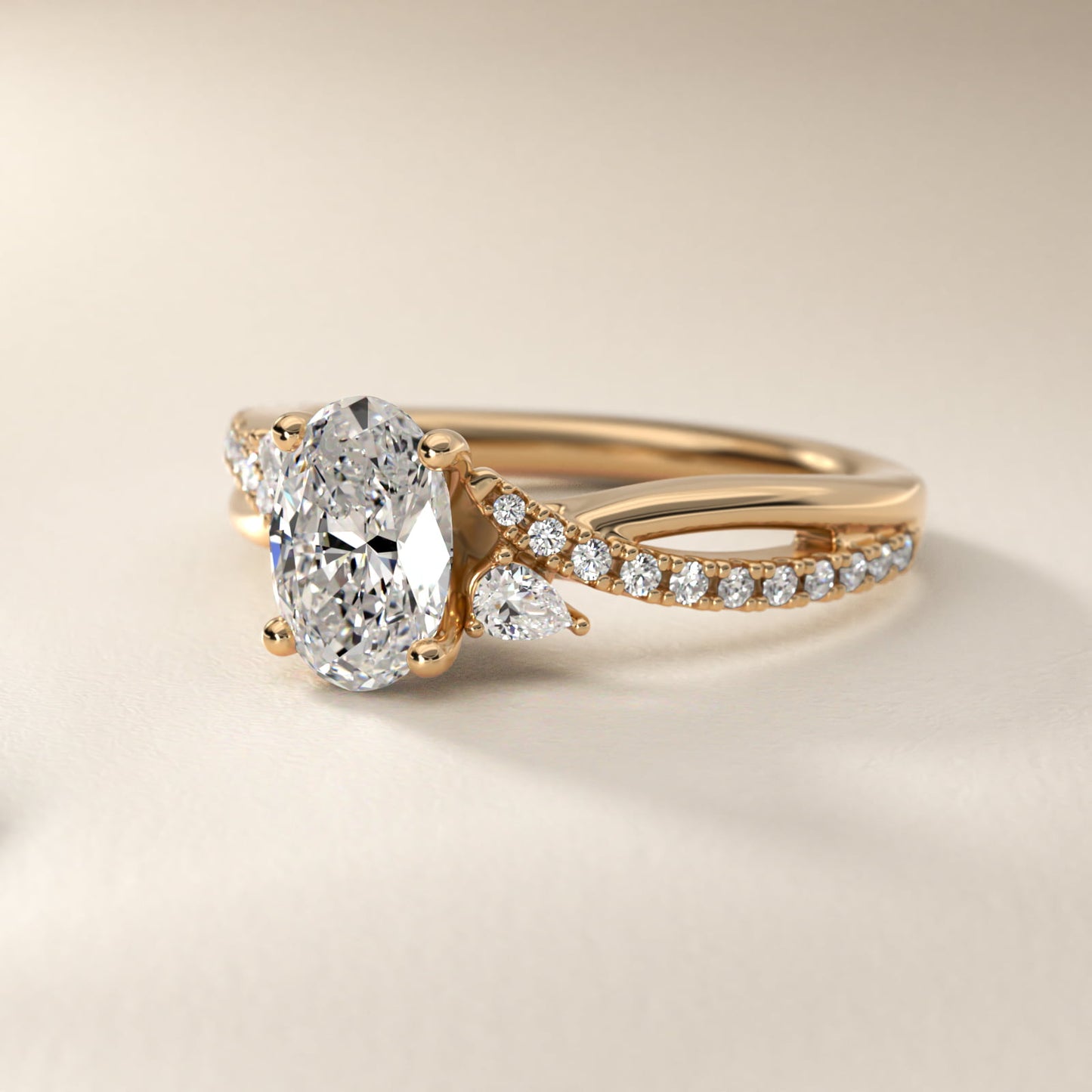 Romantic Diamond Floral Asymmetrical Twist Engagement Ring in 14k Yellow Gold (1/4 ct. tw.) - Oval Center