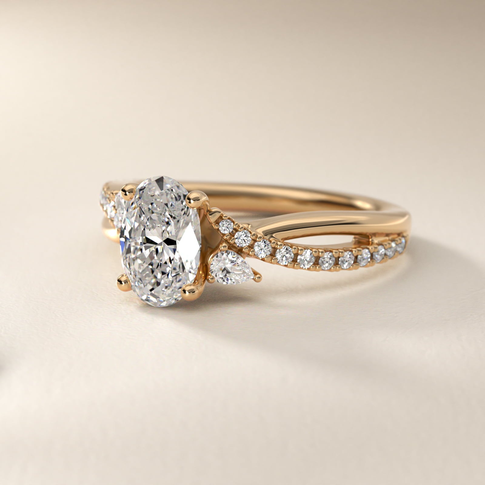 Romantic Diamond Floral Asymmetrical Twist Engagement Ring in 14k Yellow Gold (1/4 ct. tw.) - Oval Center