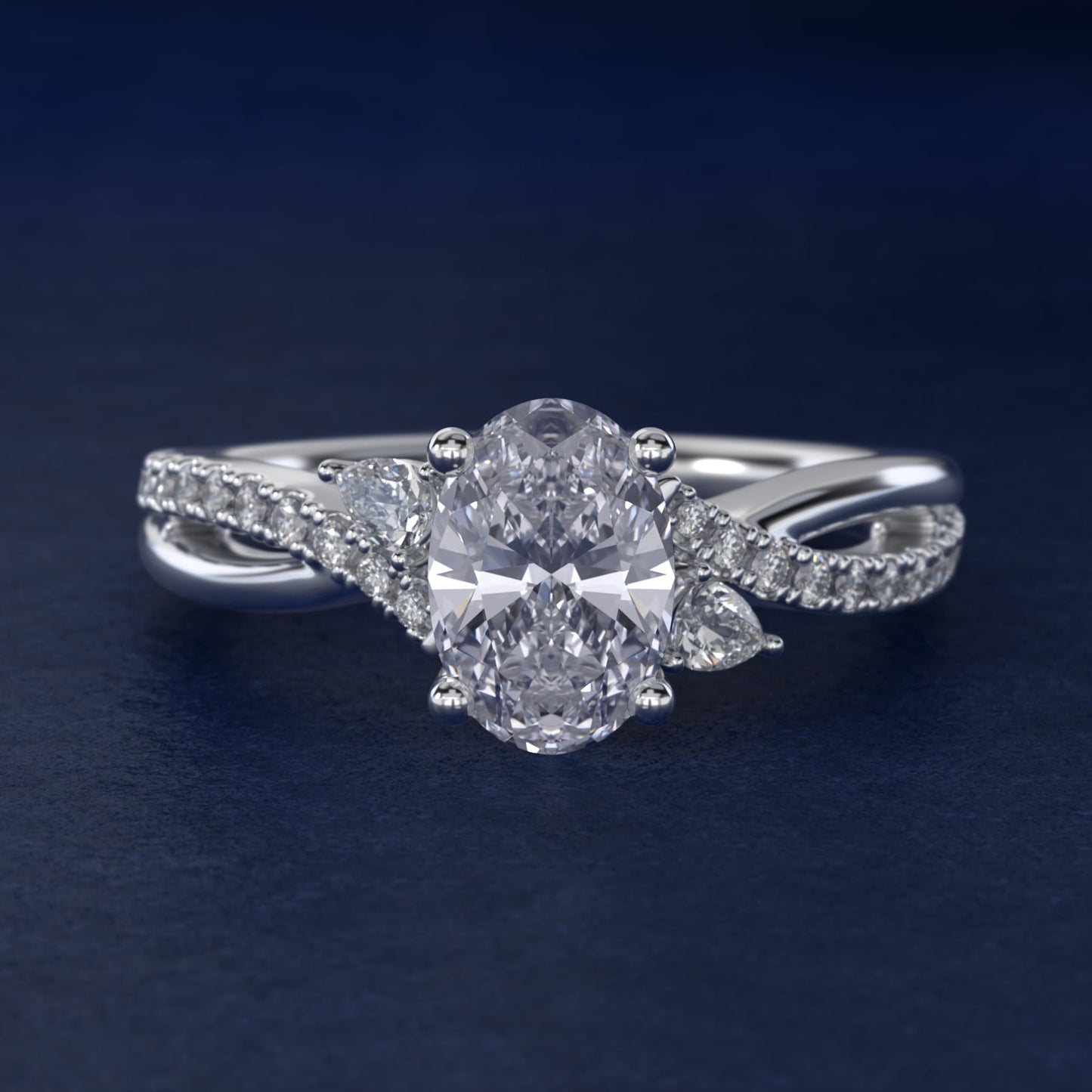 Romantic Diamond Floral Asymmetrical Twist Engagement Ring in Platinum (1/4 ct. tw.) - Oval Center