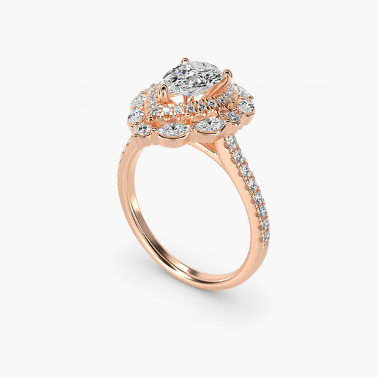 Romantic Diamond Floral Halo Engagement Ring in 14k Rose Gold (1/2 ct. tw.) - Pear Center