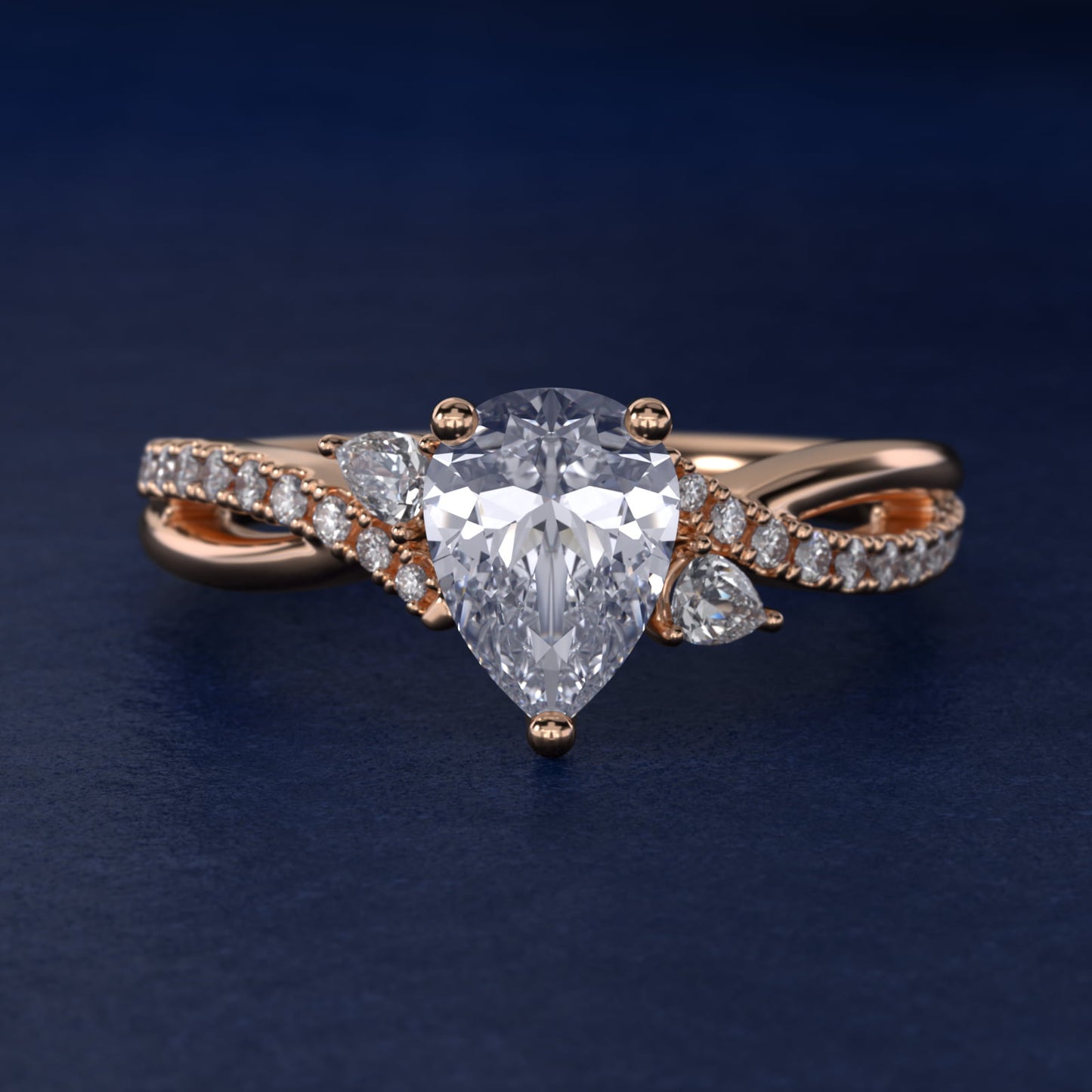 Romantic Diamond Floral Asymmetrical Twist Engagement Ring in 14k Rose Gold (1/4 ct. tw.) - Pear Center