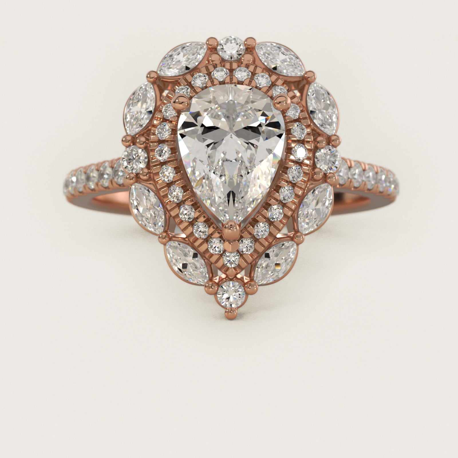 Romantic Diamond Floral Halo Engagement Ring in 18k Rose Gold (1/2 ct. tw.) - Pear Center