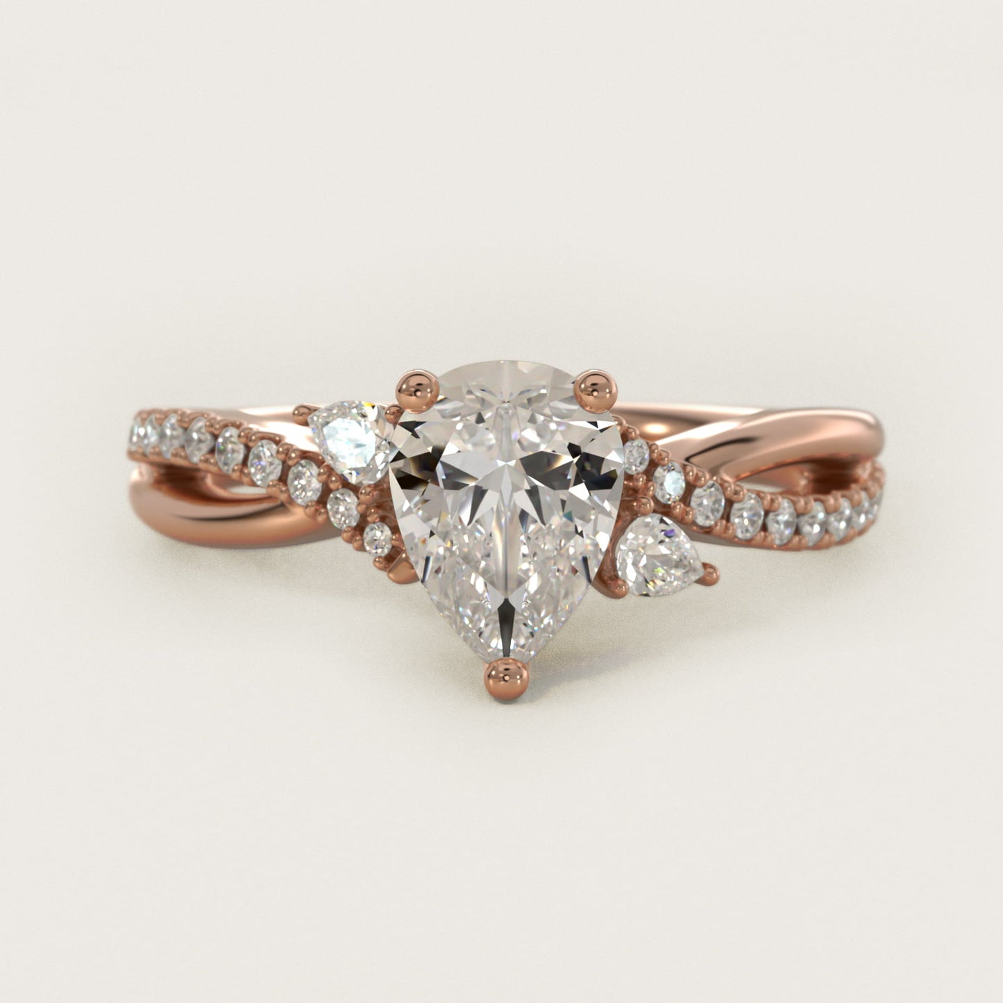 Romantic Diamond Floral Asymmetrical Twist Engagement Ring in 18k Rose Gold (1/4 ct. tw.) - Pear Center