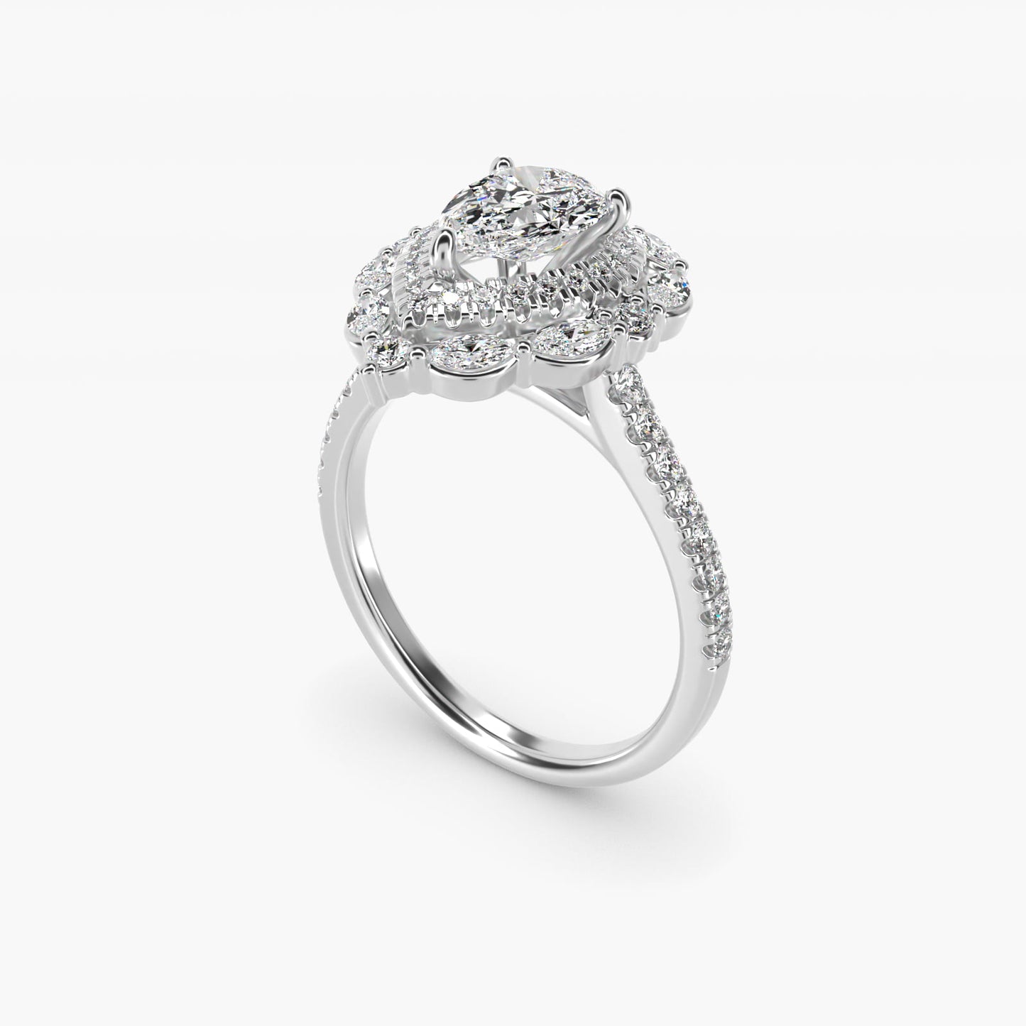Romantic Diamond Floral Halo Engagement Ring in 18k White Gold (1/2 ct. tw.) - Pear Center