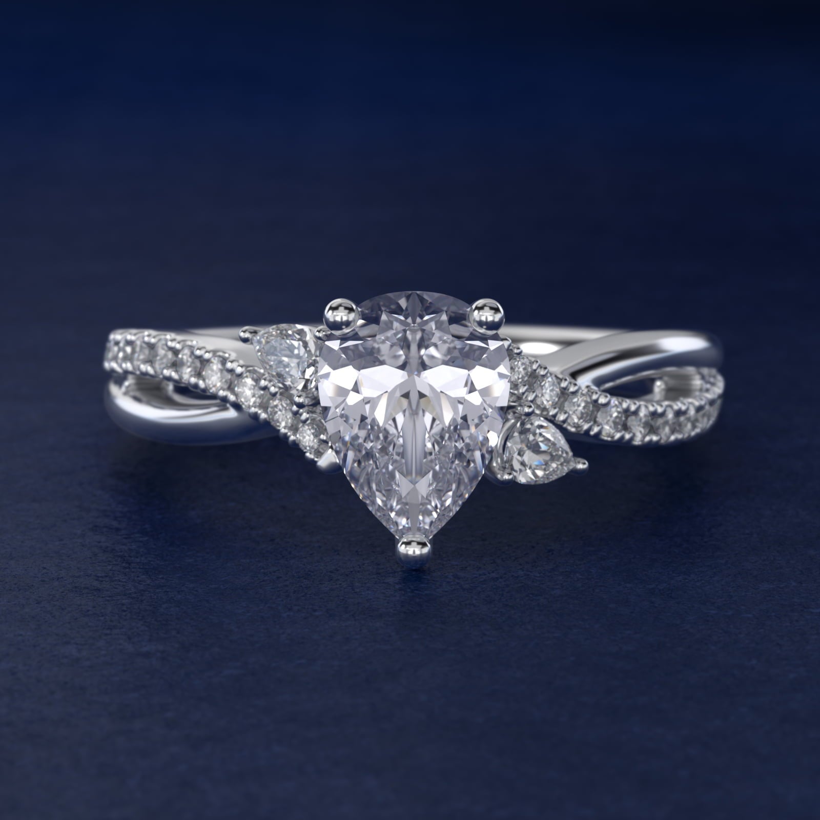 Romantic Diamond Floral Asymmetrical Twist Engagement Ring in 18k White Gold (1/4 ct. tw.) - Pear Center