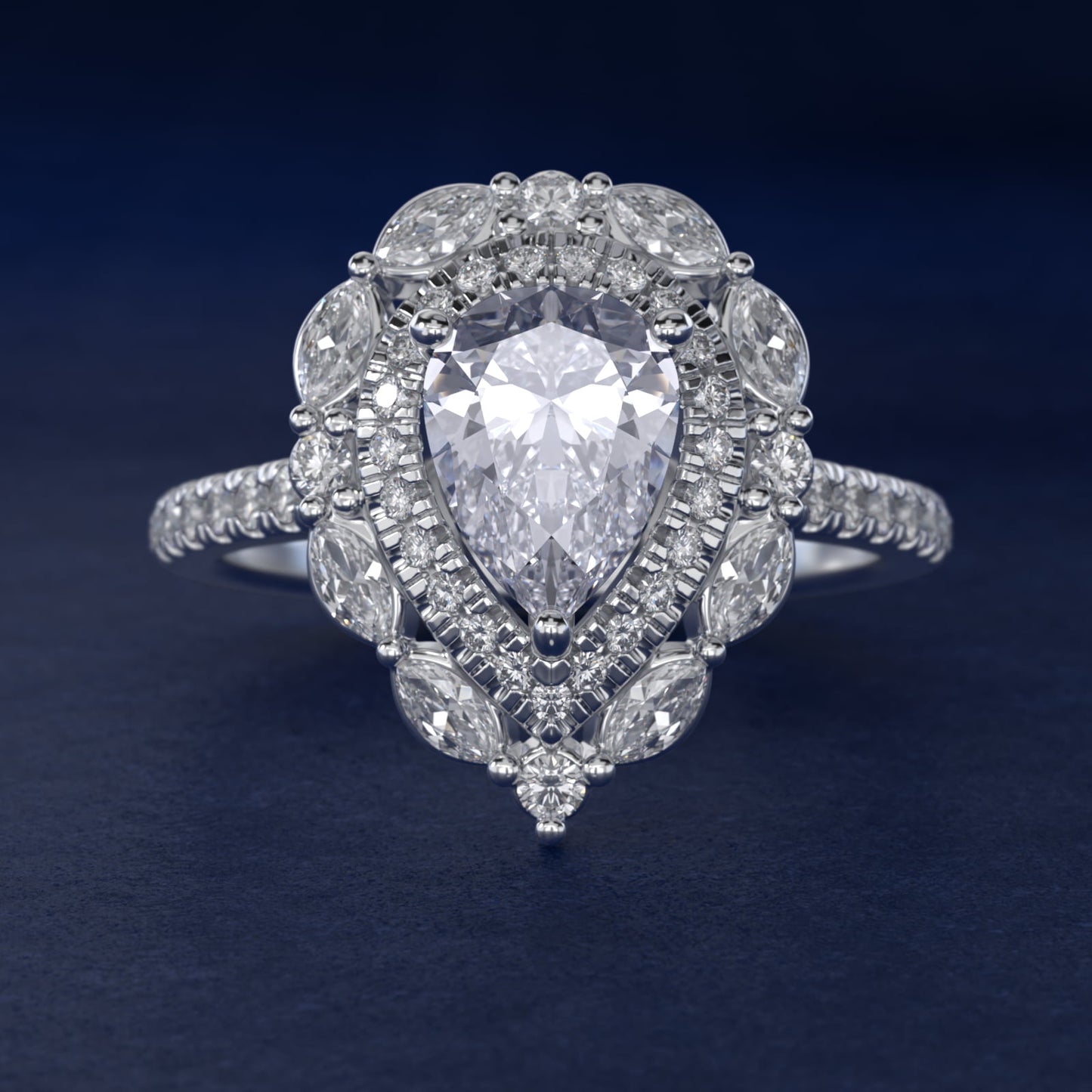 Romantic Diamond Floral Halo Engagement Ring in 18k White Gold (1/2 ct. tw.) - Pear Center