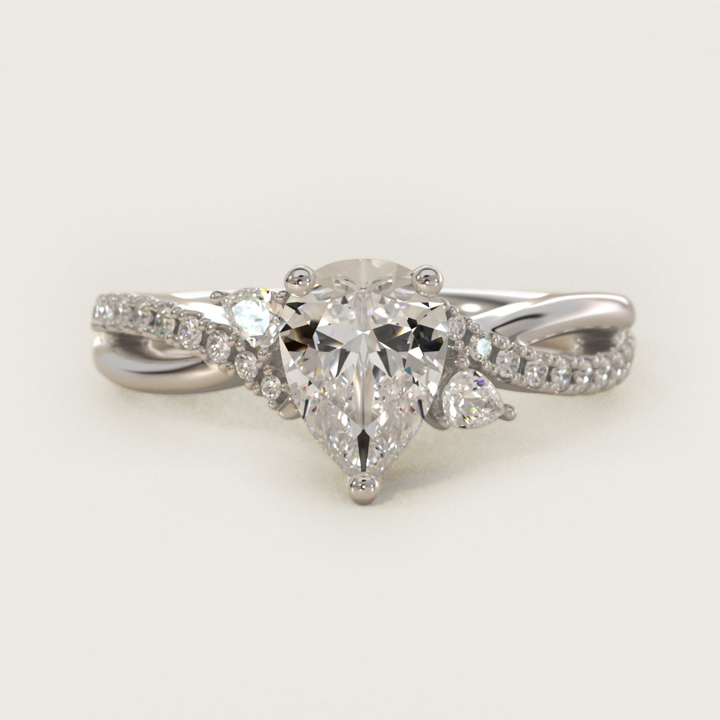 Romantic Diamond Floral Asymmetrical Twist Engagement Ring in 14k White Gold (1/4 ct. tw.) - Pear Center