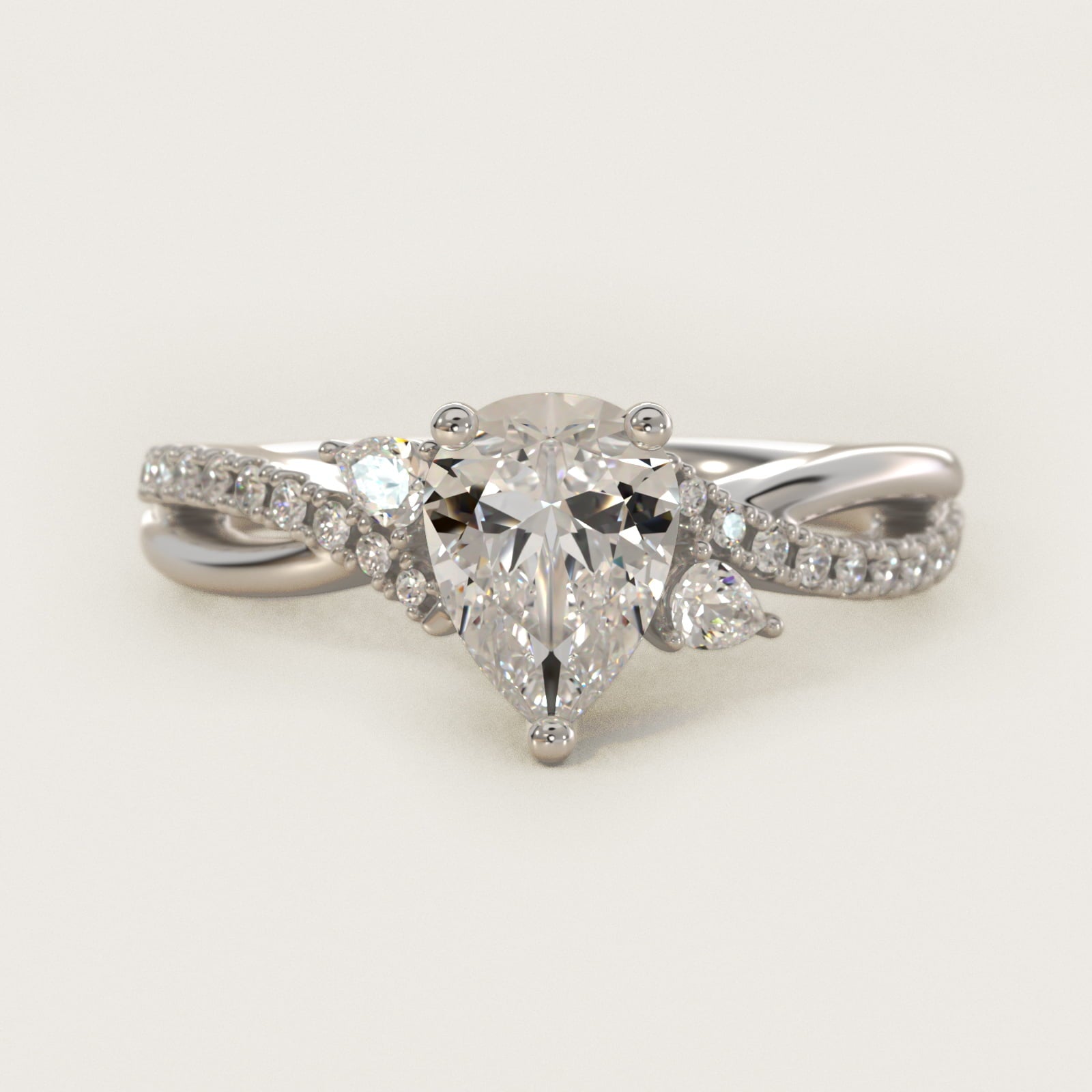Romantic Diamond Floral Asymmetrical Twist Engagement Ring in 14k White Gold (1/4 ct. tw.) - Pear Center