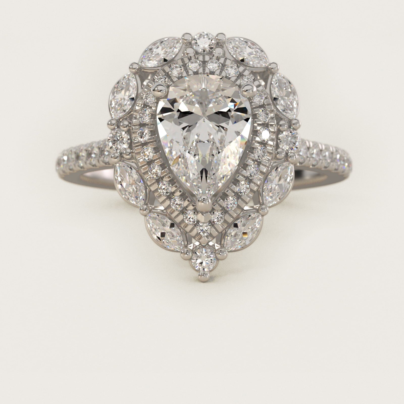 Romantic Diamond Floral Halo Engagement Ring in 18k White Gold (1/2 ct. tw.) - Pear Center