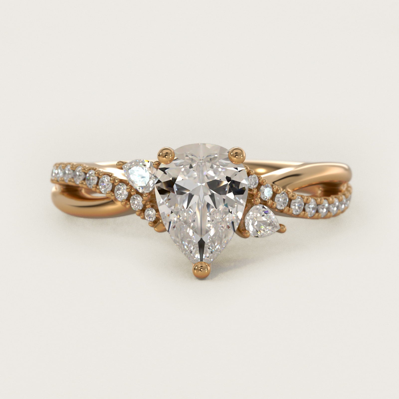 Romantic Diamond Floral Asymmetrical Twist Engagement Ring in 14k Yellow Gold (1/4 ct. tw.) - Pear Center