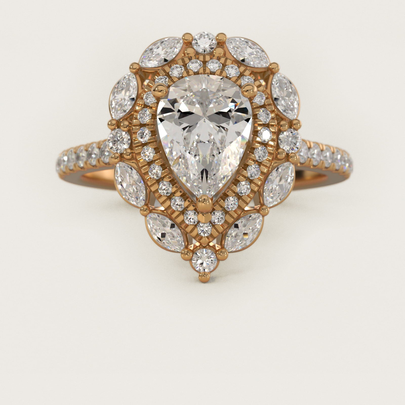 Romantic Diamond Floral Halo Engagement Ring in 14k Yellow Gold (1/2 ct. tw.) - Pear Center