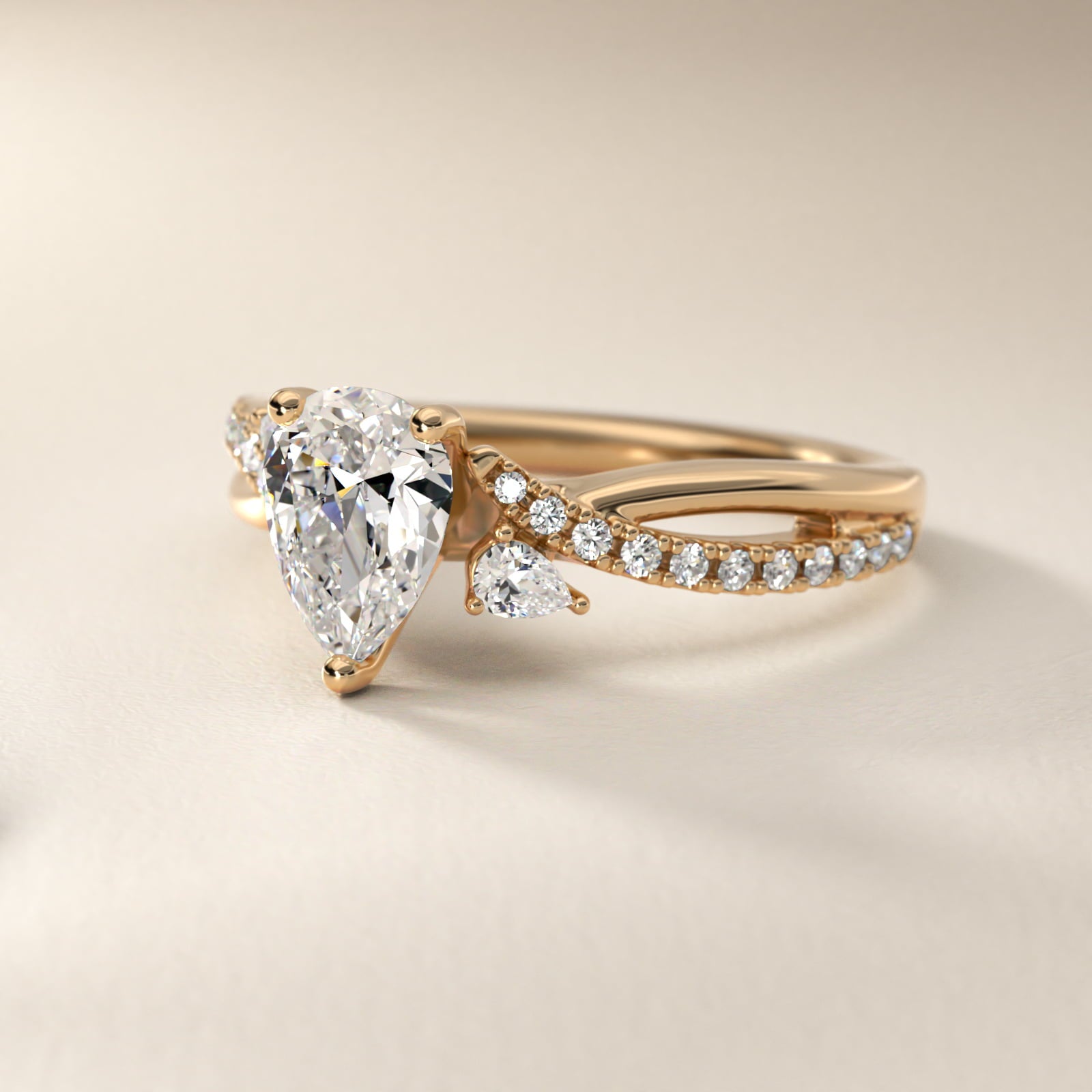 Romantic Diamond Floral Asymmetrical Twist Engagement Ring in 14k Yellow Gold (1/4 ct. tw.) - Pear Center