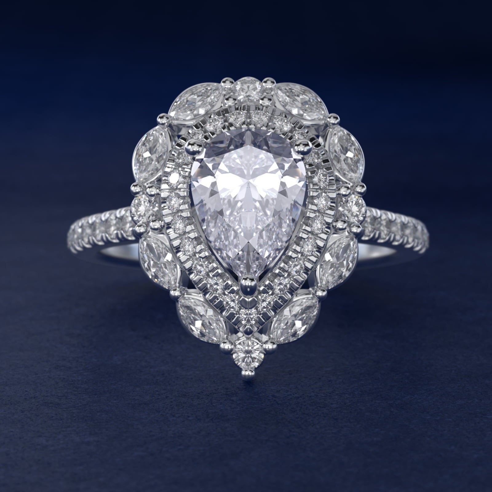 Romantic Diamond Floral Halo Engagement Ring in Platinum (1/2 ct. tw.) - Pear Center