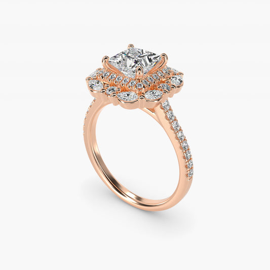 Romantic Diamond Floral Halo Engagement Ring in 18k Rose Gold (1/2 ct. tw.) - Princess Center