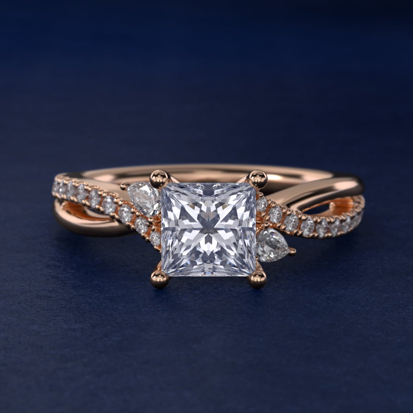 Romantic Diamond Floral Asymmetrical Twist Engagement Ring in 14k Rose Gold (1/4 ct. tw.) - Princess Center
