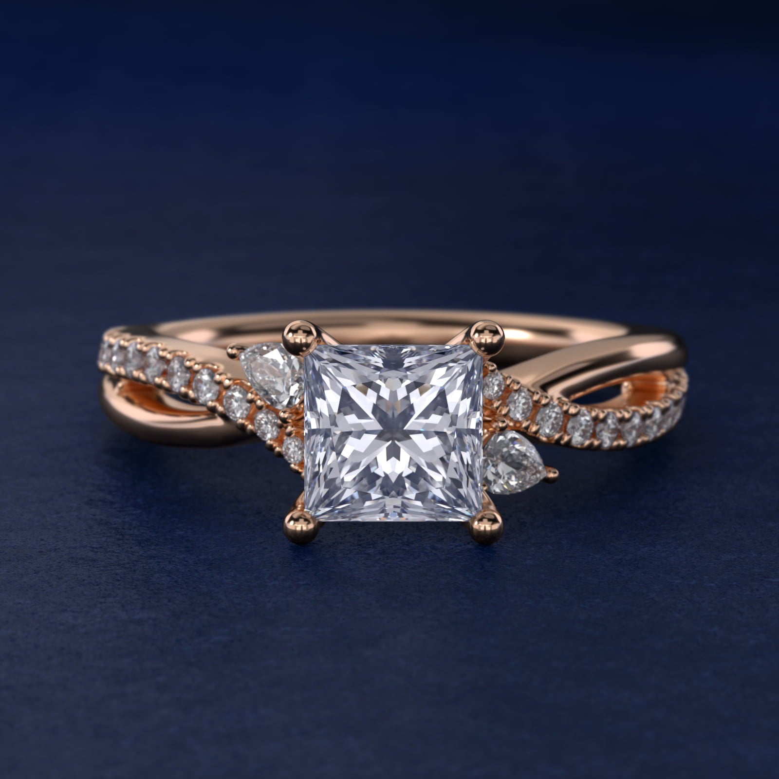 Romantic Diamond Floral Asymmetrical Twist Engagement Ring in 18k Rose Gold (1/4 ct. tw.) - Princess Center