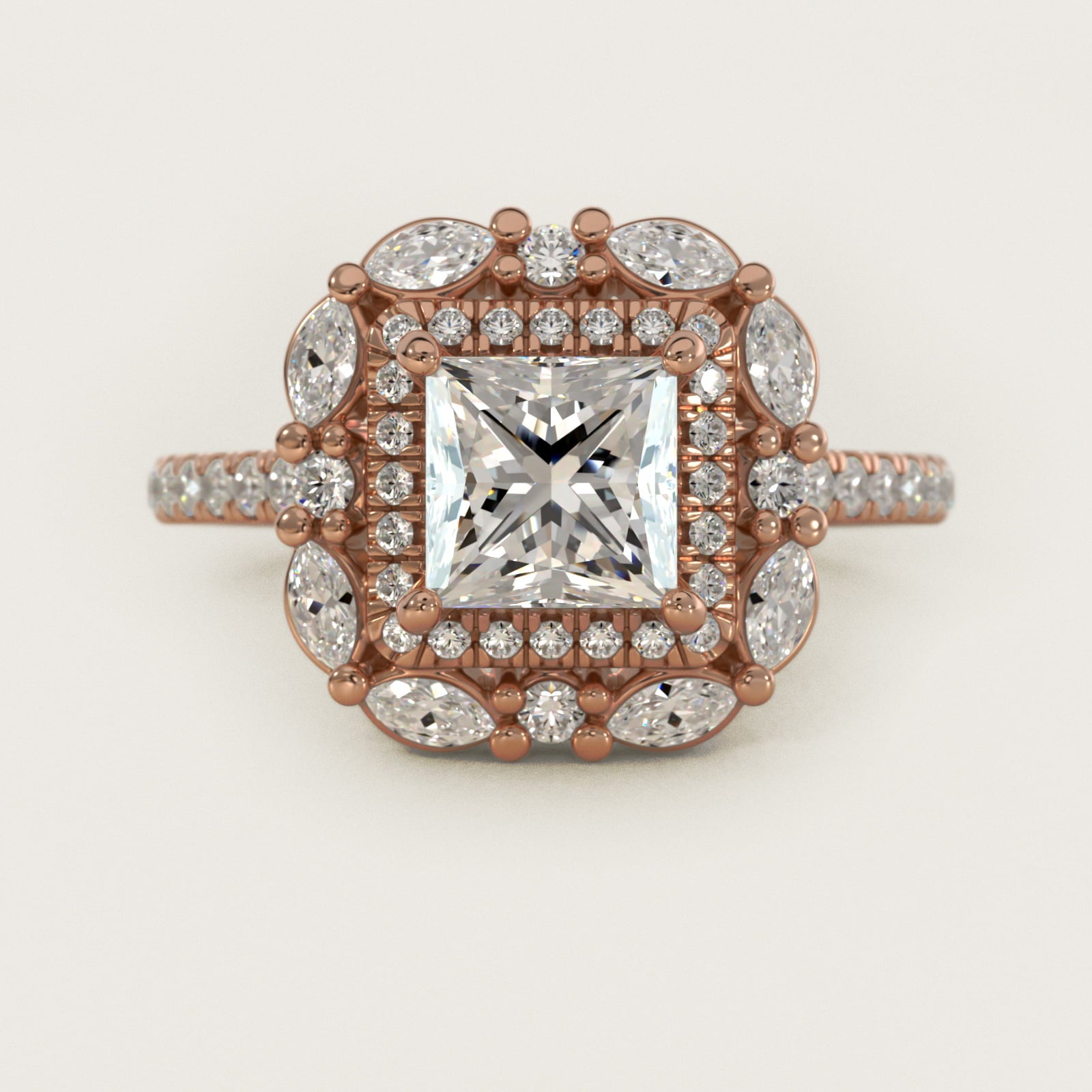 Romantic Diamond Floral Halo Engagement Ring in 14k Rose Gold (1/2 ct. tw.) - Princess Center