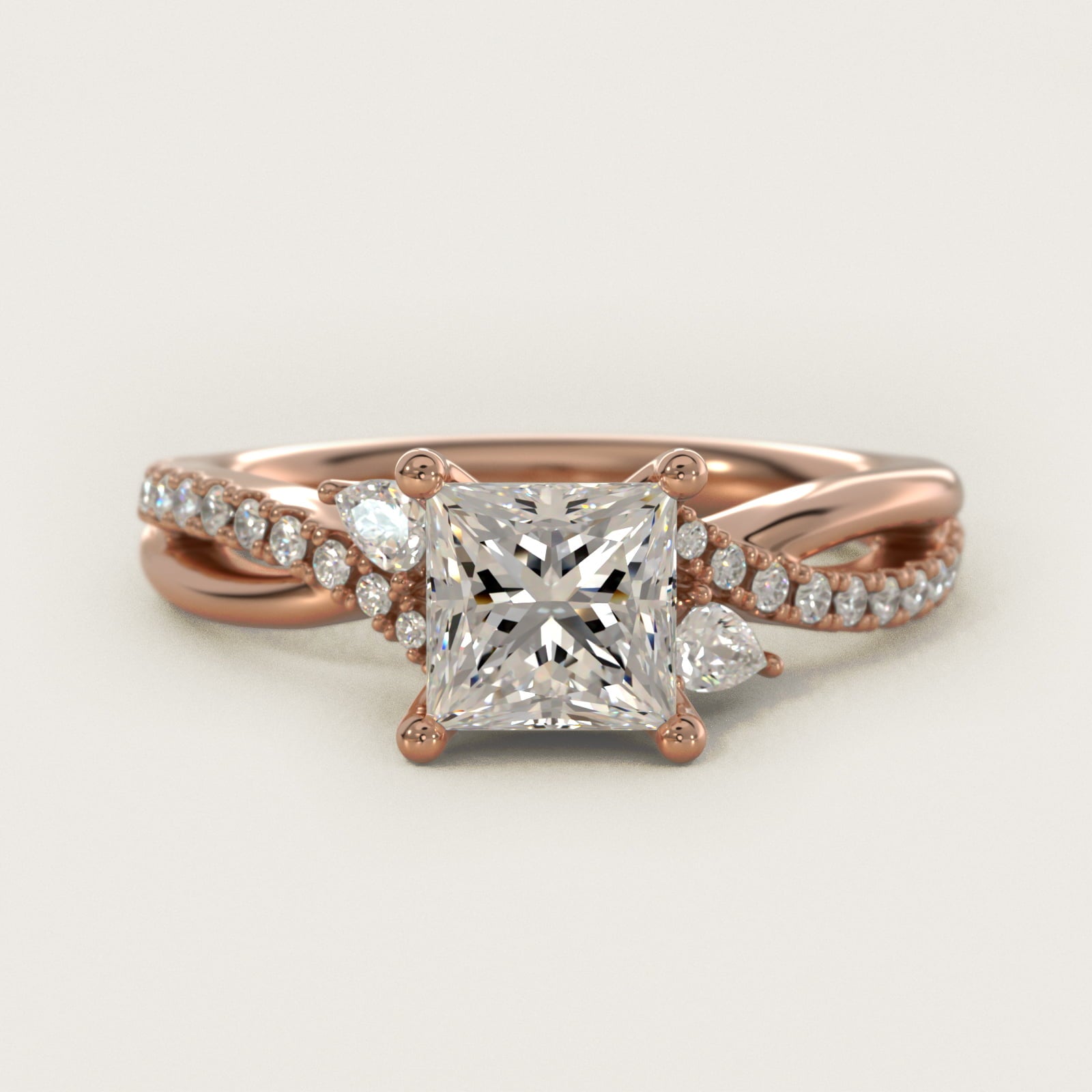 Romantic Diamond Floral Asymmetrical Twist Engagement Ring in 18k Rose Gold (1/4 ct. tw.) - Princess Center