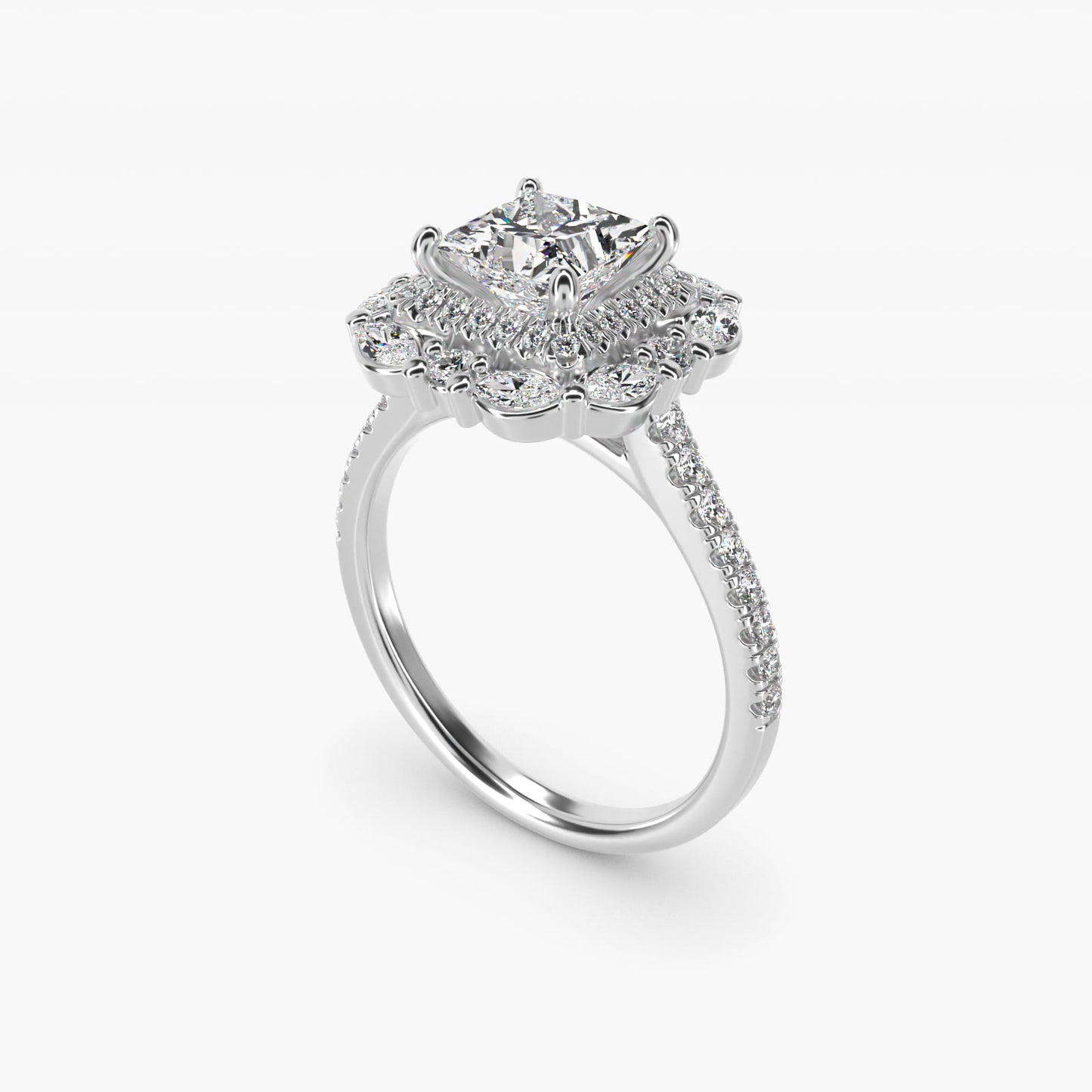 Romantic Diamond Floral Halo Engagement Ring in 18k White Gold (1/2 ct. tw.) - Princess Center
