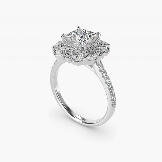 Romantic Diamond Floral Halo Engagement Ring in 18k White Gold (1/2 ct. tw.) - Princess Center