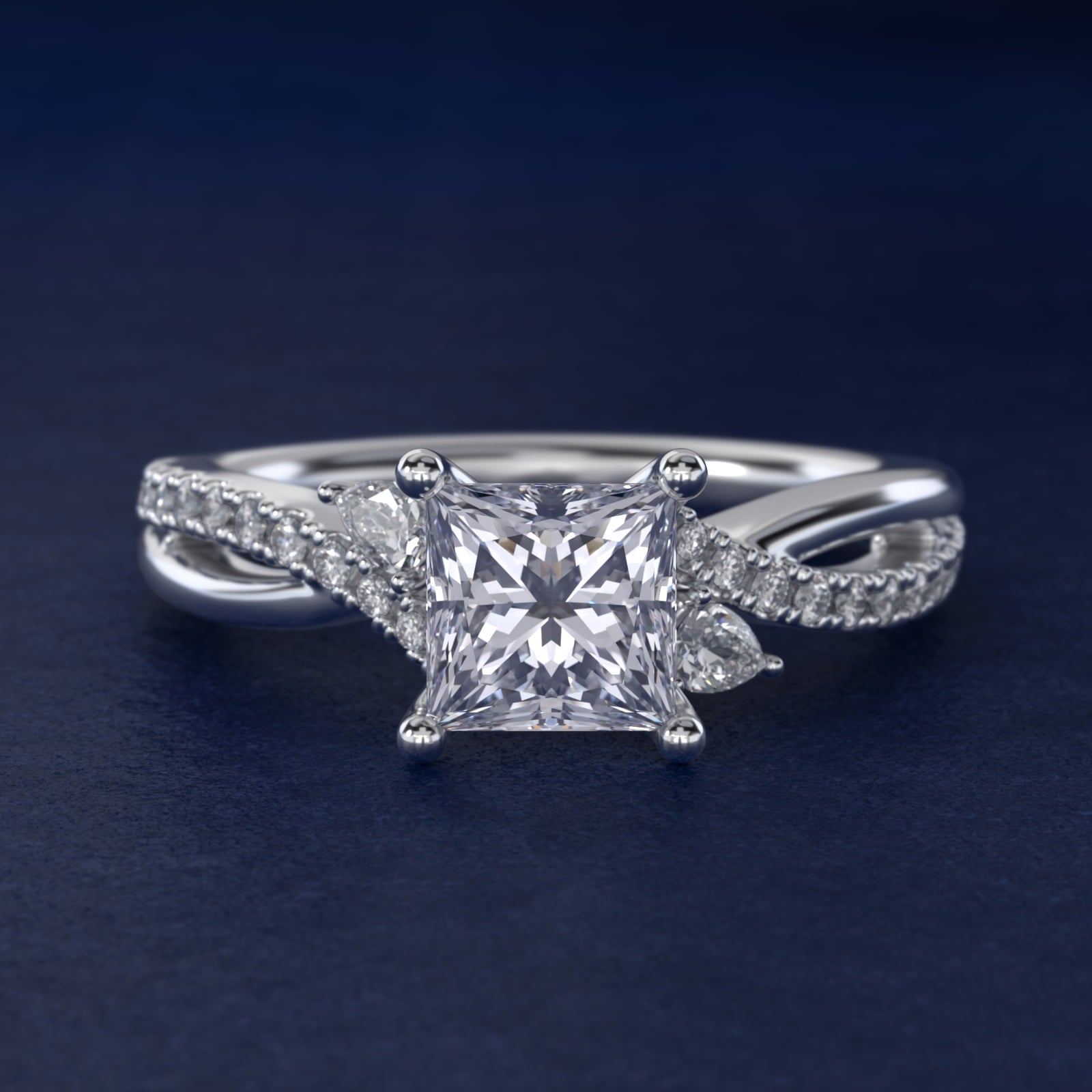 Romantic Diamond Floral Asymmetrical Twist Engagement Ring in 18k White Gold (1/4 ct. tw.) - Princess Center