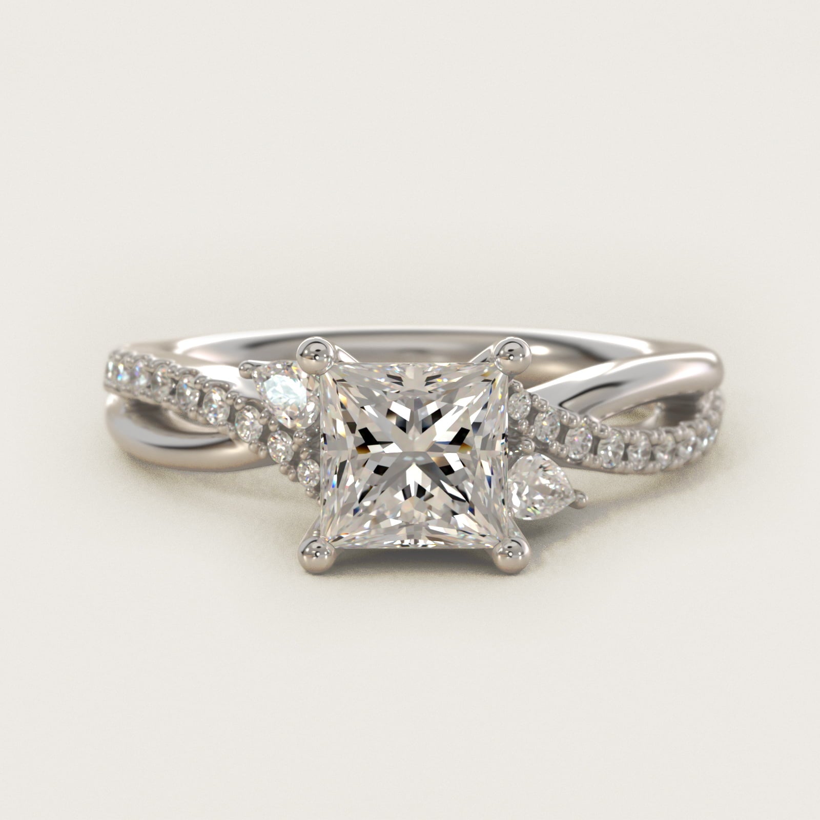 Romantic Diamond Floral Asymmetrical Twist Engagement Ring in 18k White Gold (1/4 ct. tw.) - Princess Center