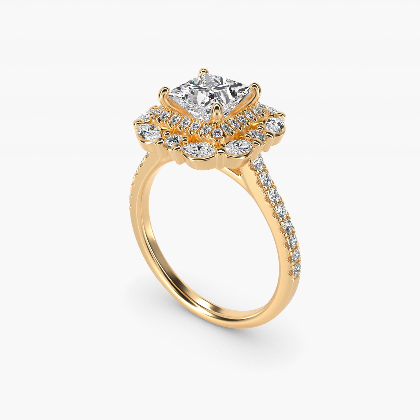 Romantic Diamond Floral Halo Engagement Ring in 18k Yellow Gold (1/2 ct. tw.) - Princess Center