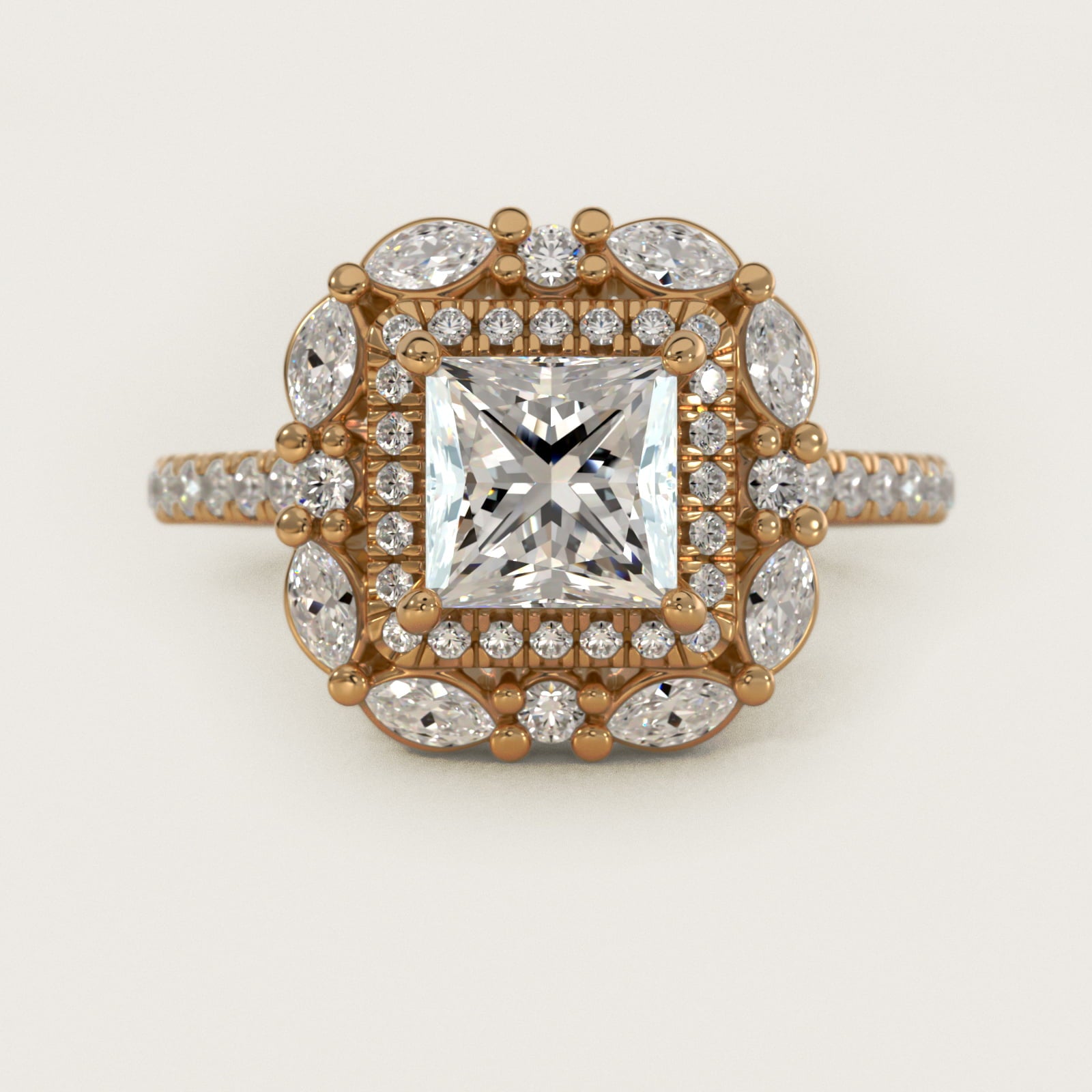 Romantic Diamond Floral Halo Engagement Ring in 18k Yellow Gold (1/2 ct. tw.) - Princess Center