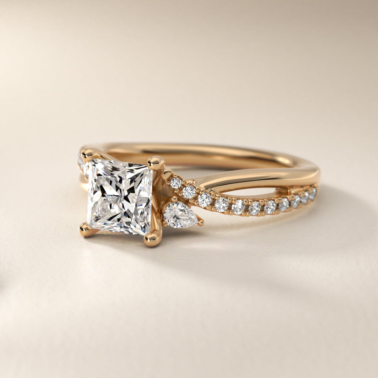 Romantic Diamond Floral Asymmetrical Twist Engagement Ring in 18k Yellow Gold (1/4 ct. tw.) - Princess Center