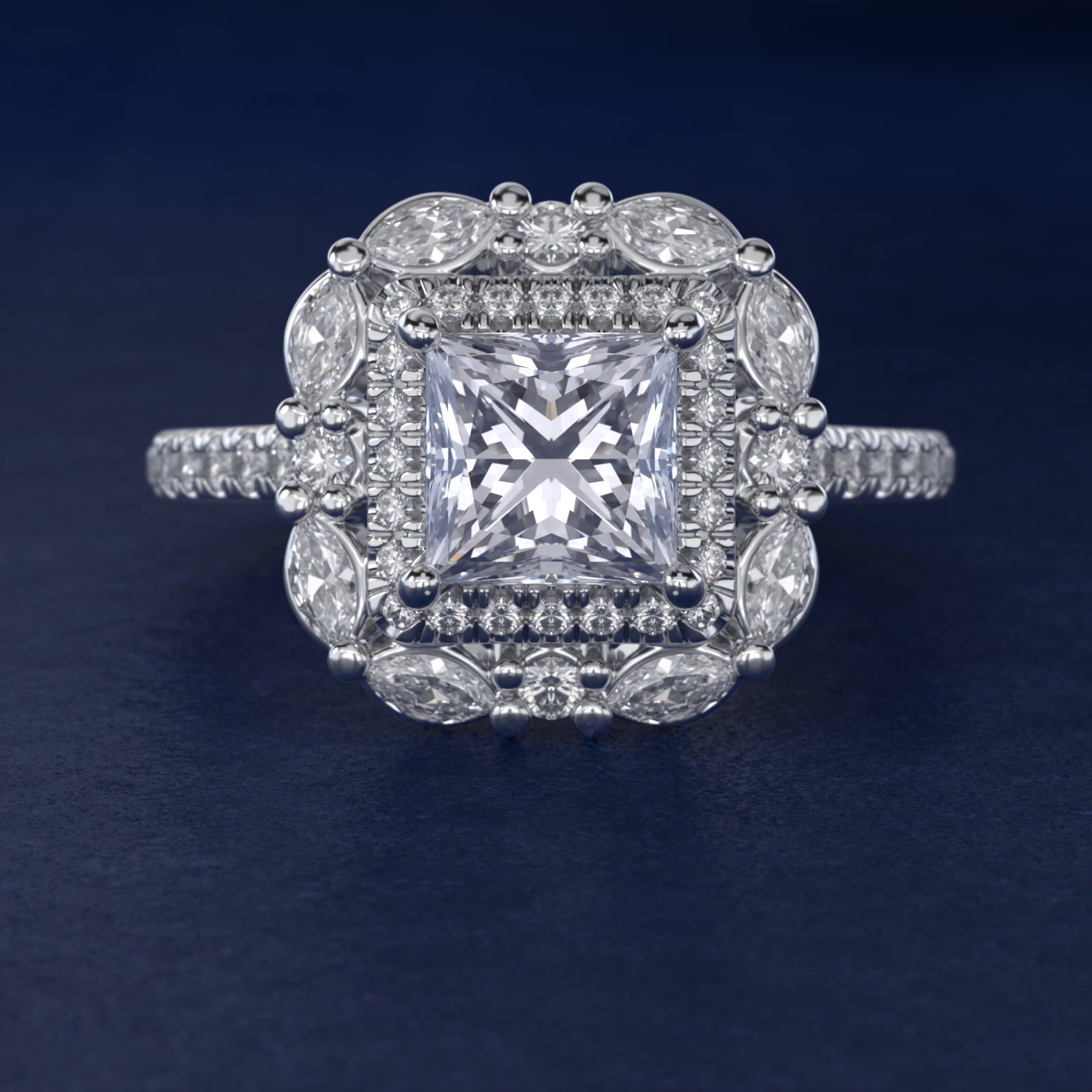Romantic Diamond Floral Halo Engagement Ring in Platinum (1/2 ct. tw.) - Princess Center