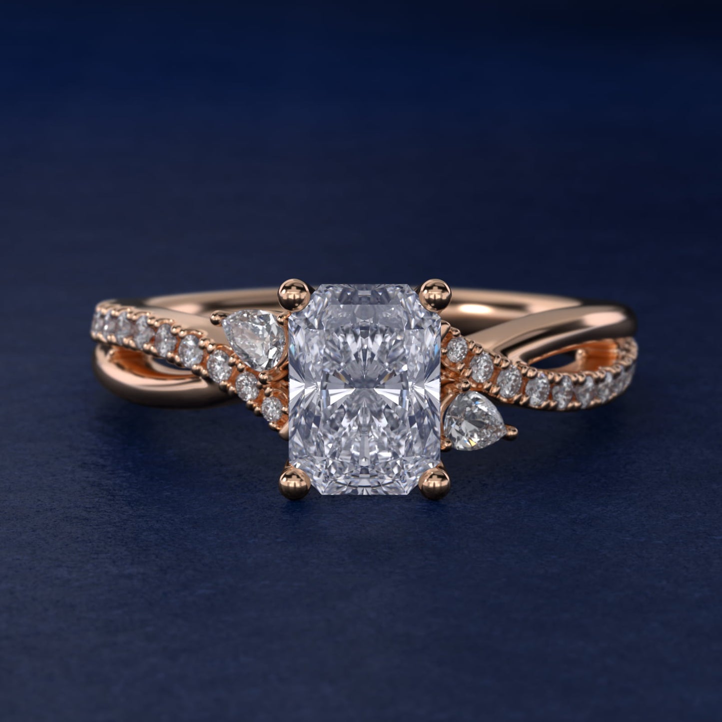 Romantic Diamond Floral Asymmetrical Twist Engagement Ring in 18k Rose Gold (1/4 ct. tw.) - Radiant Center