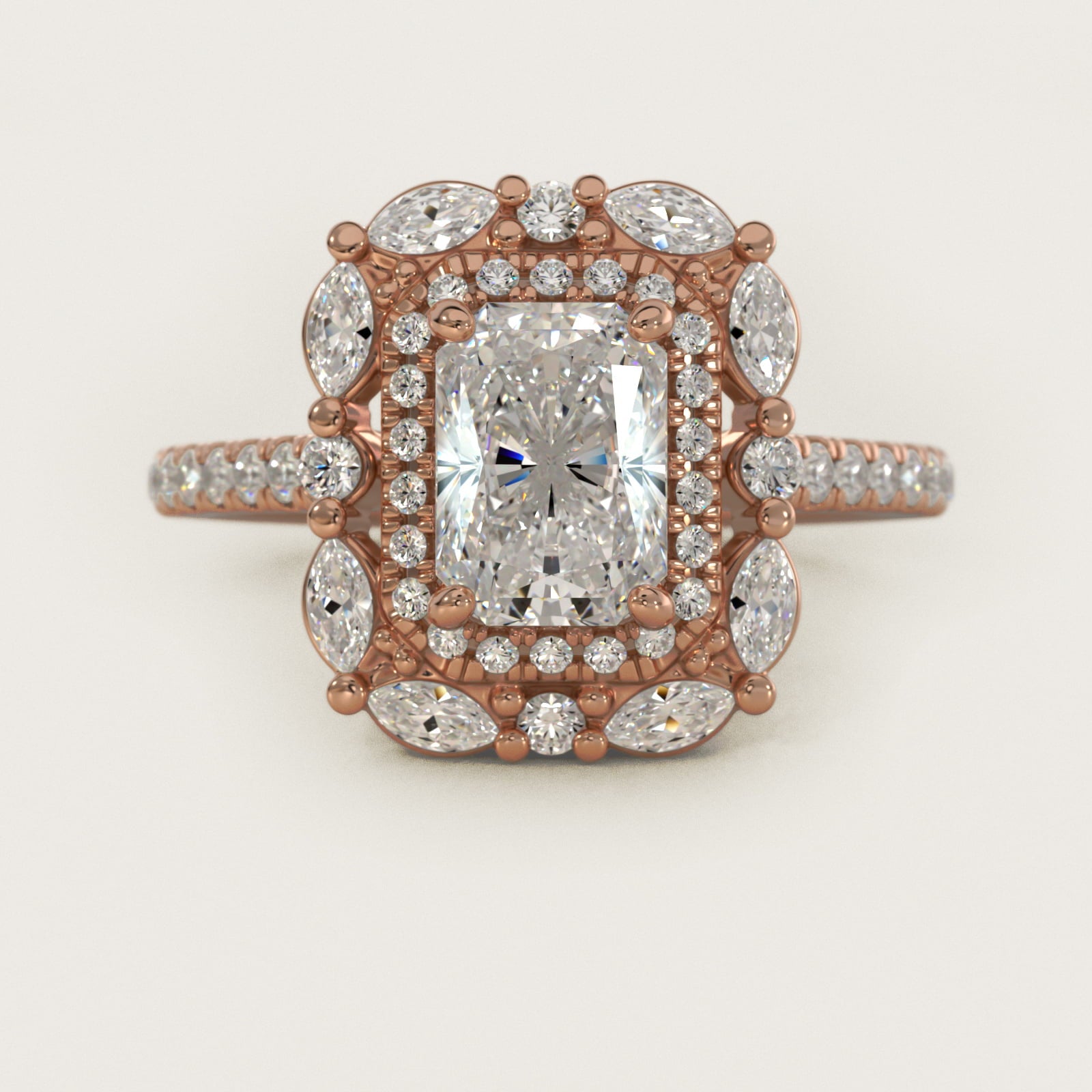 Romantic Diamond Floral Halo Engagement Ring in 18k Rose Gold (1/2 ct. tw.) - Radiant Center