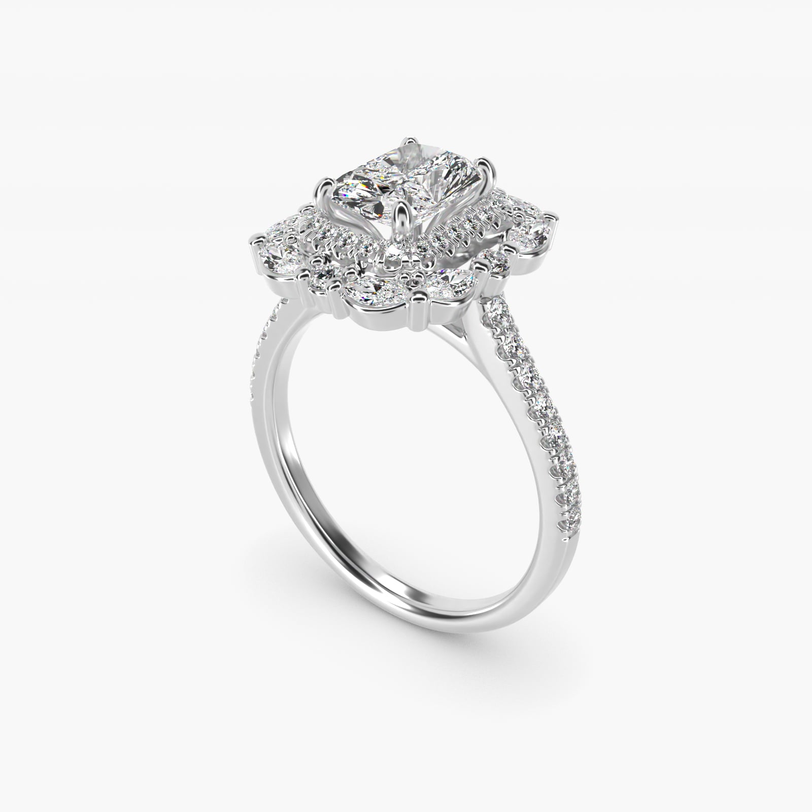 Romantic Diamond Floral Halo Engagement Ring in 18k White Gold (1/2 ct. tw.) - Radiant Center