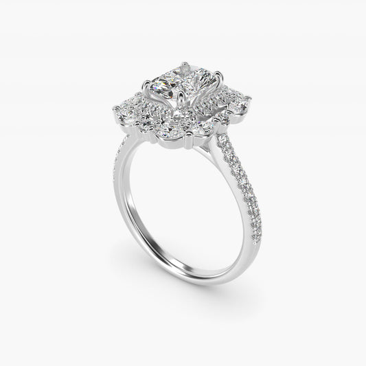 Romantic Diamond Floral Halo Engagement Ring in 18k White Gold (1/2 ct. tw.) - Radiant Center