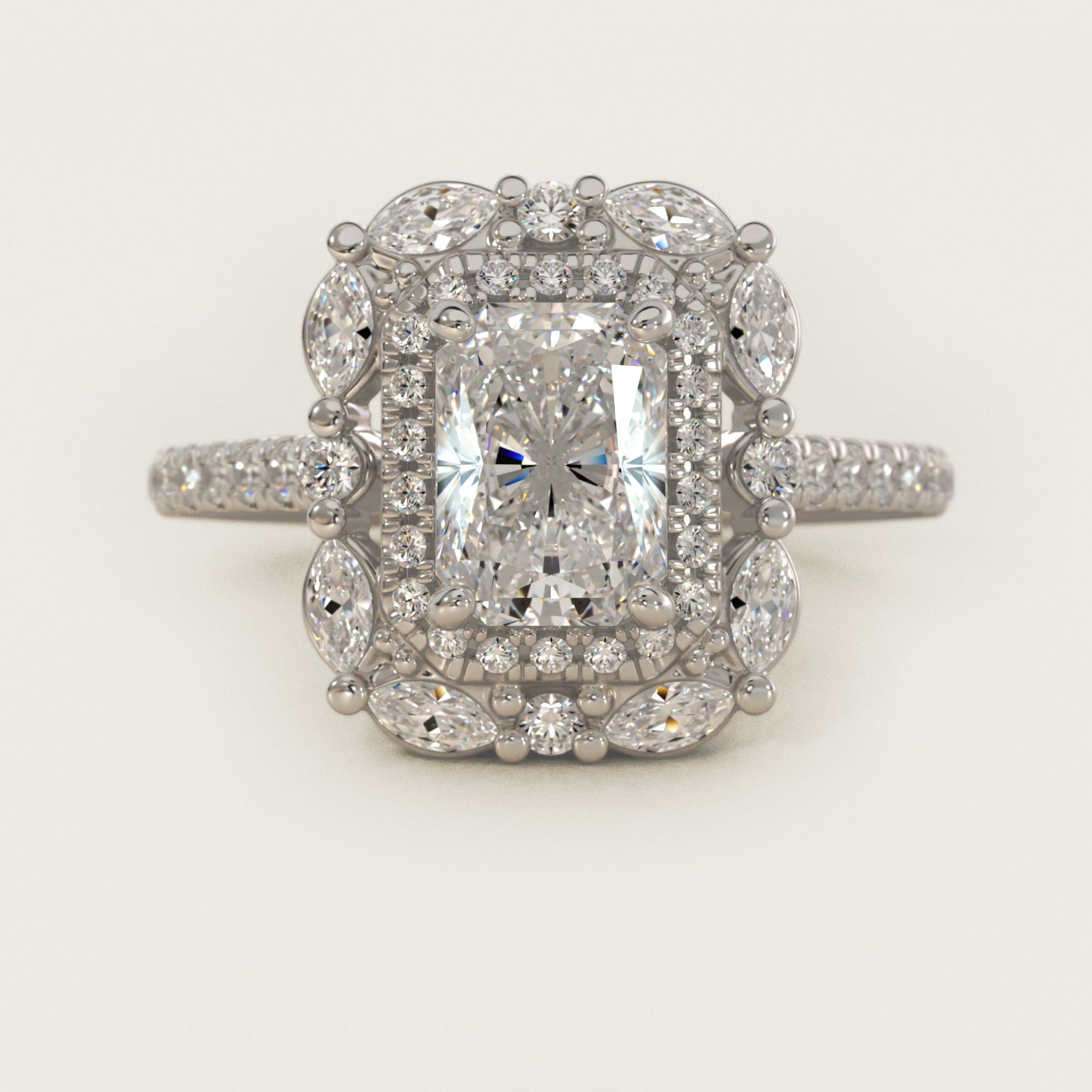 Romantic Diamond Floral Halo Engagement Ring in 18k White Gold (1/2 ct. tw.) - Radiant Center