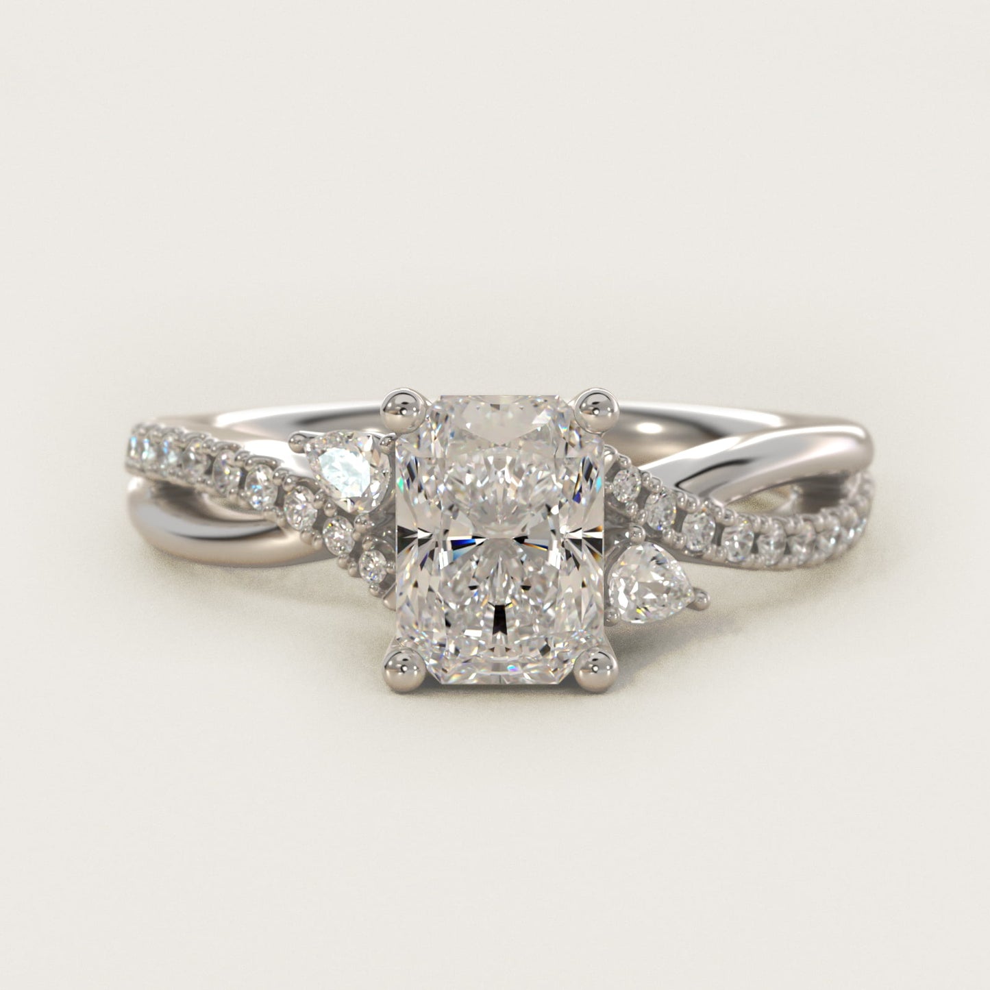 Romantic Diamond Floral Asymmetrical Twist Engagement Ring in 18k White Gold (1/4 ct. tw.) - Radiant Center
