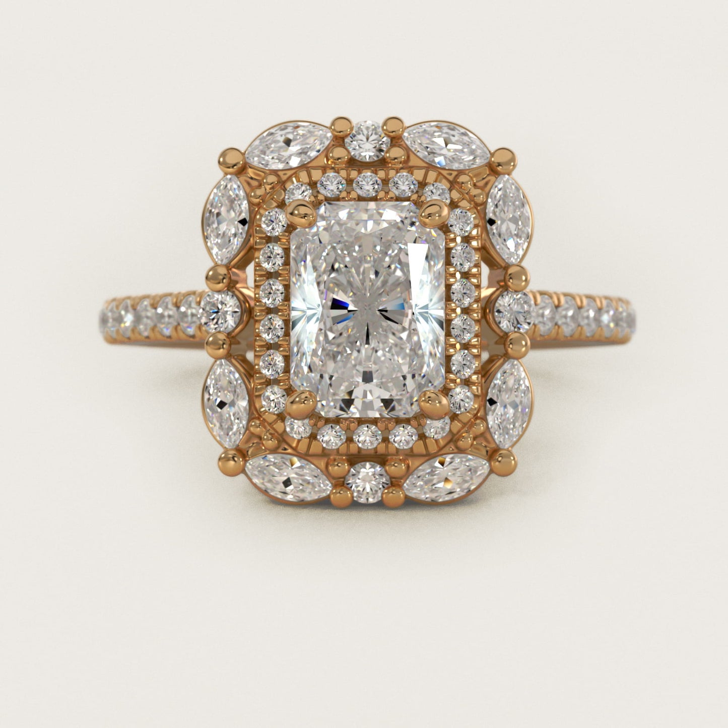 Romantic Diamond Floral Halo Engagement Ring in 18k Yellow Gold (1/2 ct. tw.) - Radiant Center