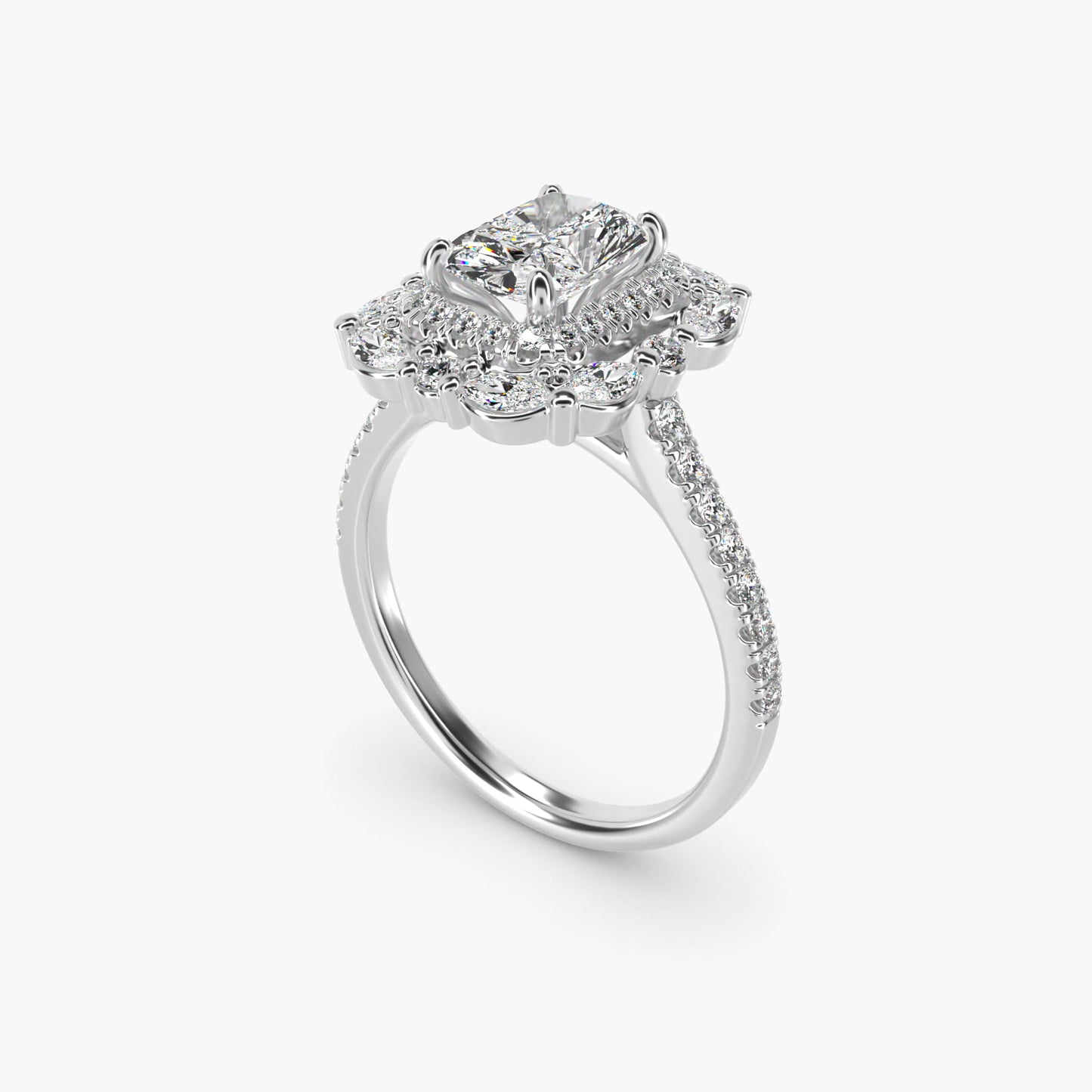 Romantic Diamond Floral Halo Engagement Ring in Platinum (1/2 ct. tw.) - Radiant Center