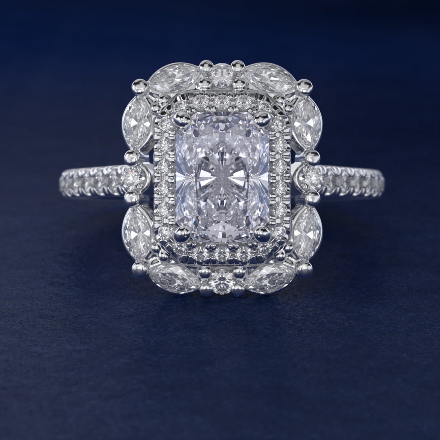 Romantic Diamond Floral Halo Engagement Ring in Platinum (1/2 ct. tw.) - Radiant Center
