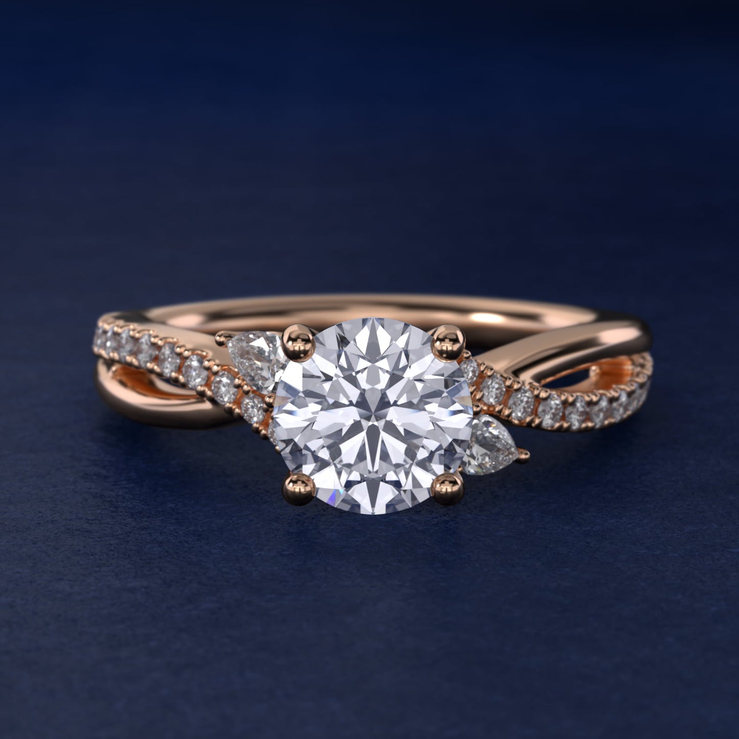 Romantic Diamond Floral Asymmetrical Twist Engagement Ring in 18k Rose Gold (1/4 ct. tw.) - Round Center