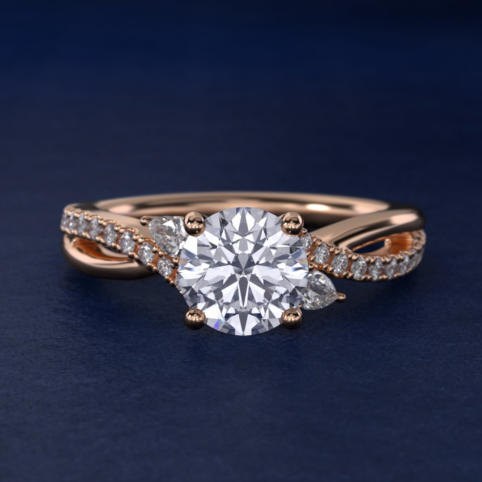 Romantic Diamond Floral Asymmetrical Twist Engagement Ring in 18k Rose Gold (1/4 ct. tw.) - Round Center