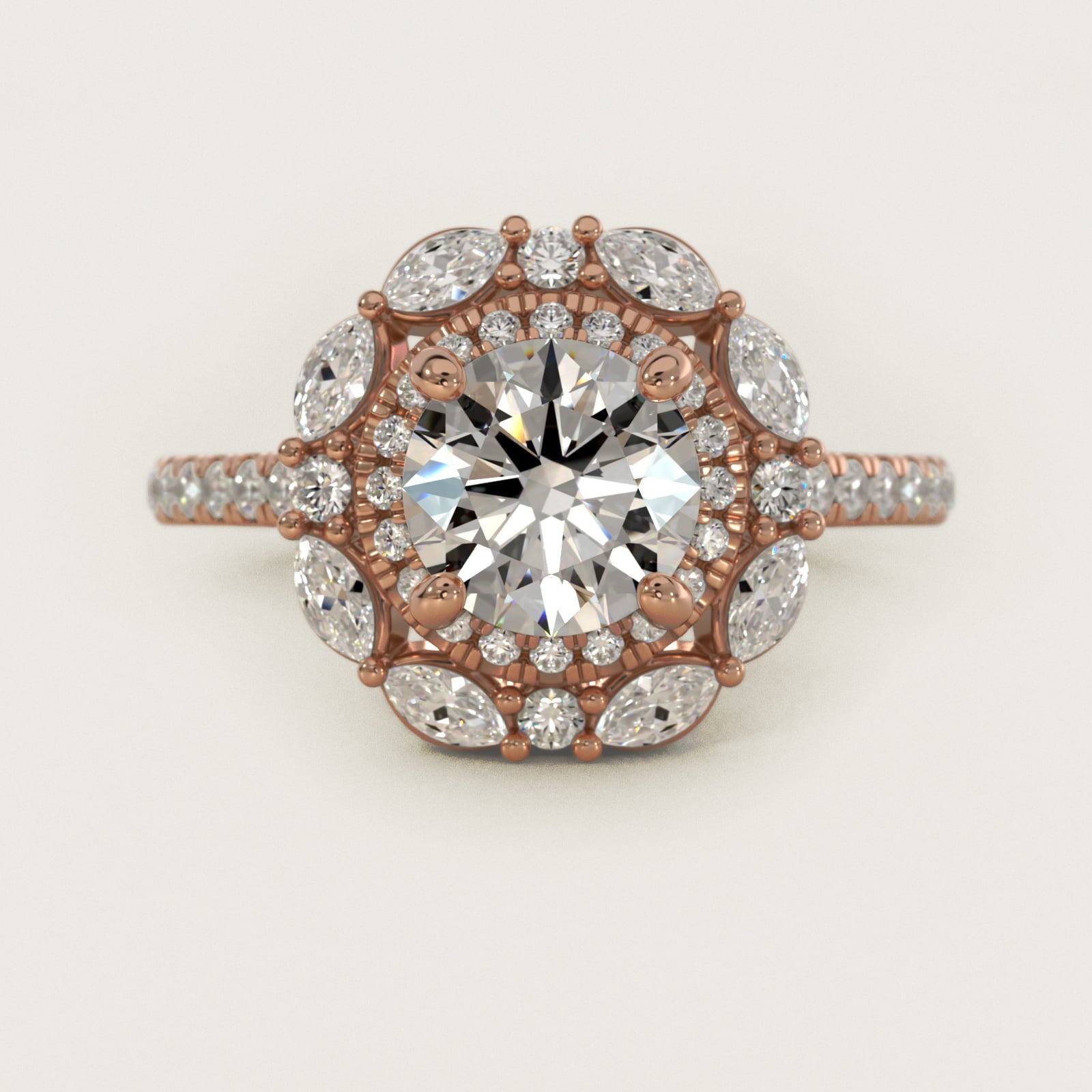 Romantic Diamond Floral Halo Engagement Ring in 14k Rose Gold (1/2 ct. tw.) - Round Center