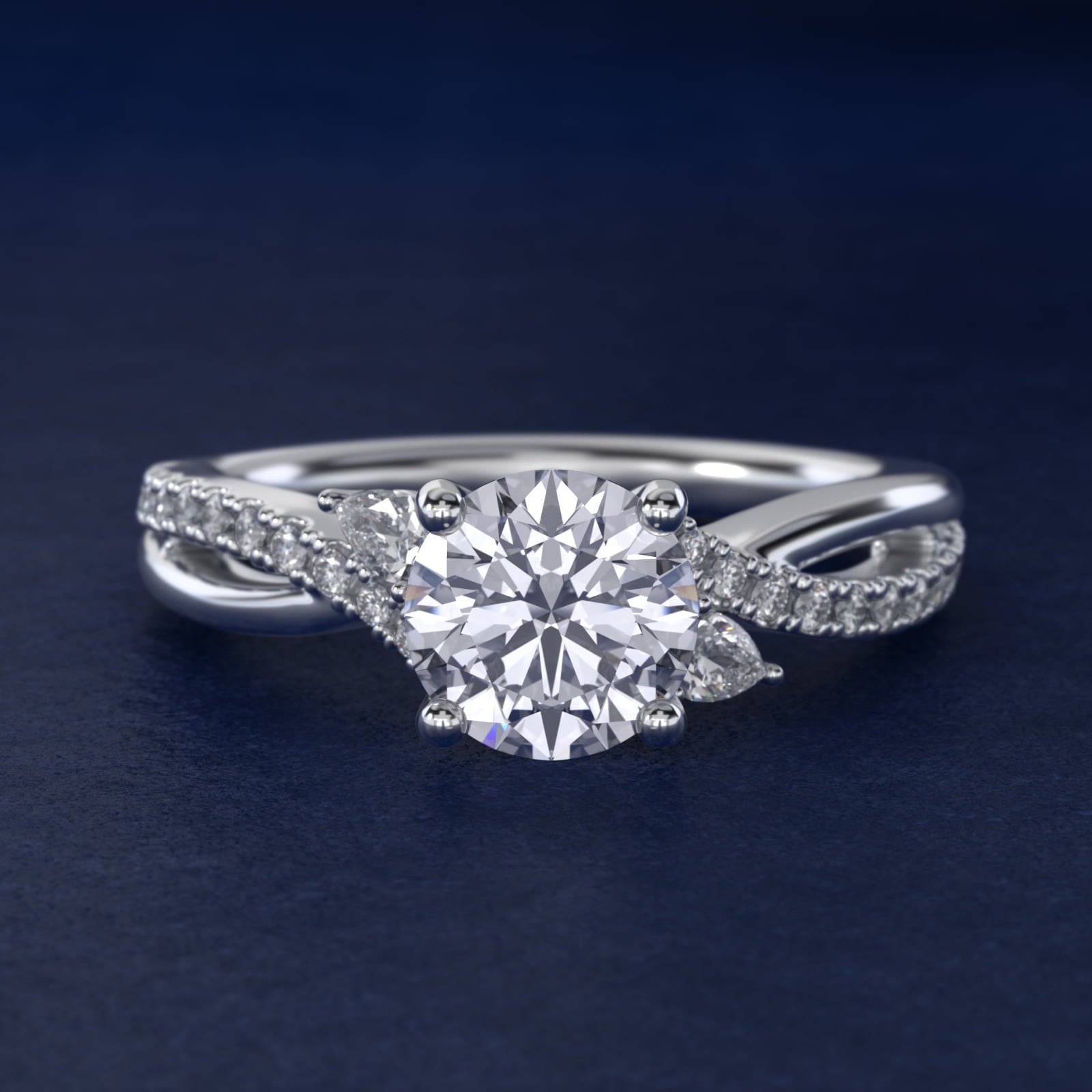 Romantic Diamond Floral Asymmetrical Twist Engagement Ring in 18k White Gold (1/4 ct. tw.) - Round Center