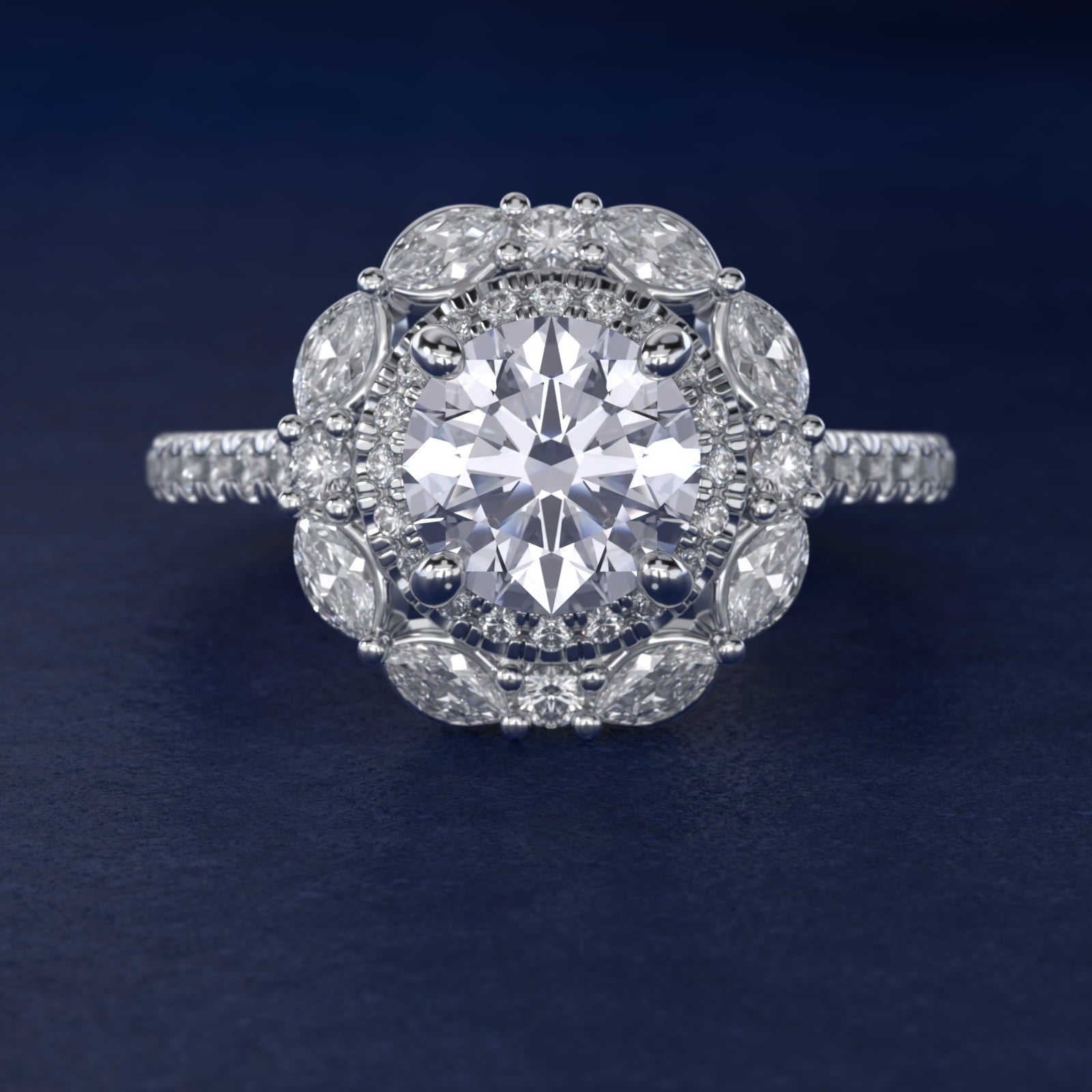 Romantic Diamond Floral Halo Engagement Ring in 14k White Gold (1/2 ct. tw.) - Round Center