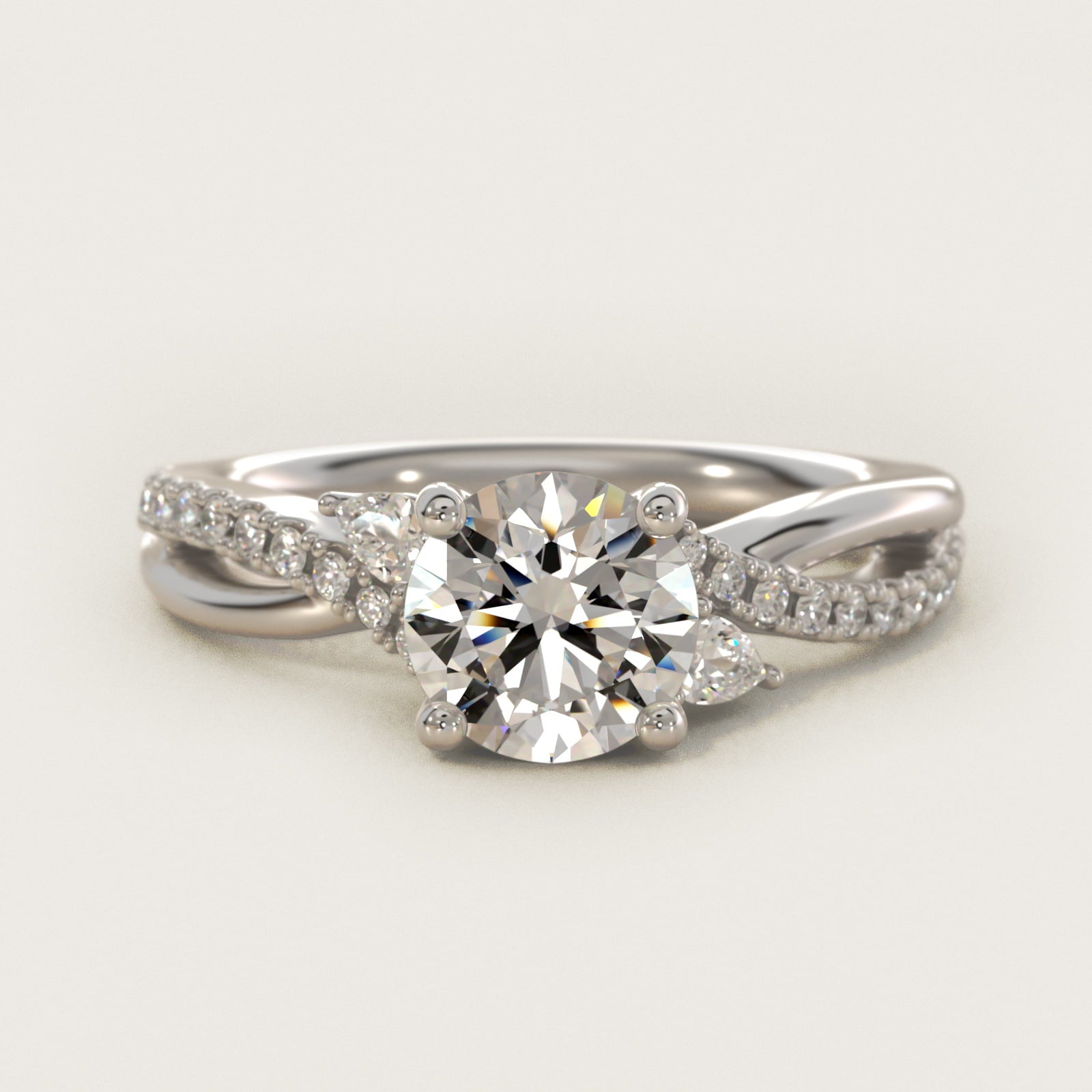 Romantic Diamond Floral Asymmetrical Twist Engagement Ring in 18k White Gold (1/4 ct. tw.) - Round Center