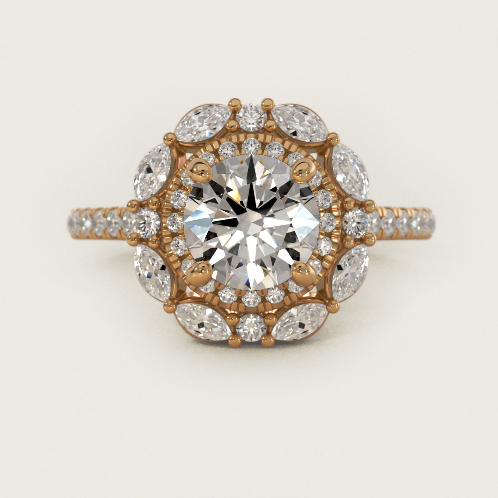 Romantic Diamond Floral Halo Engagement Ring in 14k Yellow Gold (1/2 ct. tw.) - Round Center