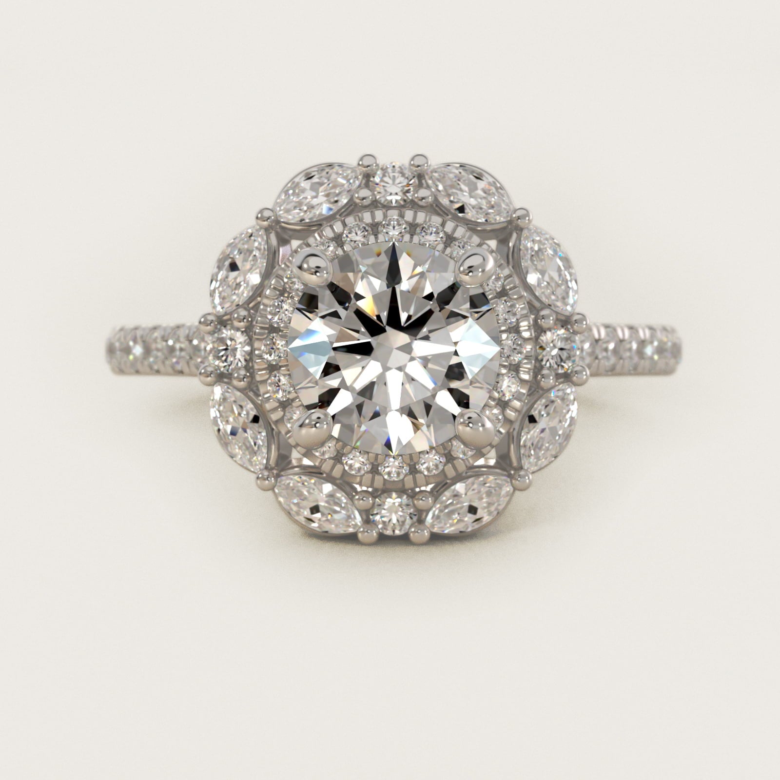 Romantic Diamond Floral Halo Engagement Ring in Platinum (1/2 ct. tw.) - Round Center