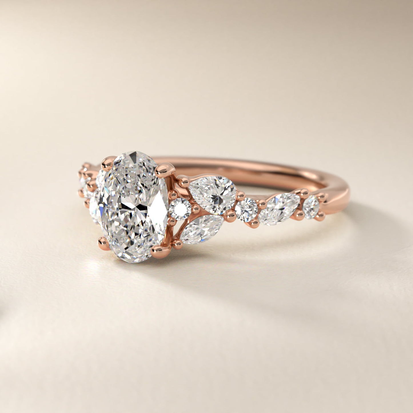 Romantic Pear and Round Diamond Twist Engagement Ring in 14k Rose Gold (1/2 ct. tw.) - Oval Center